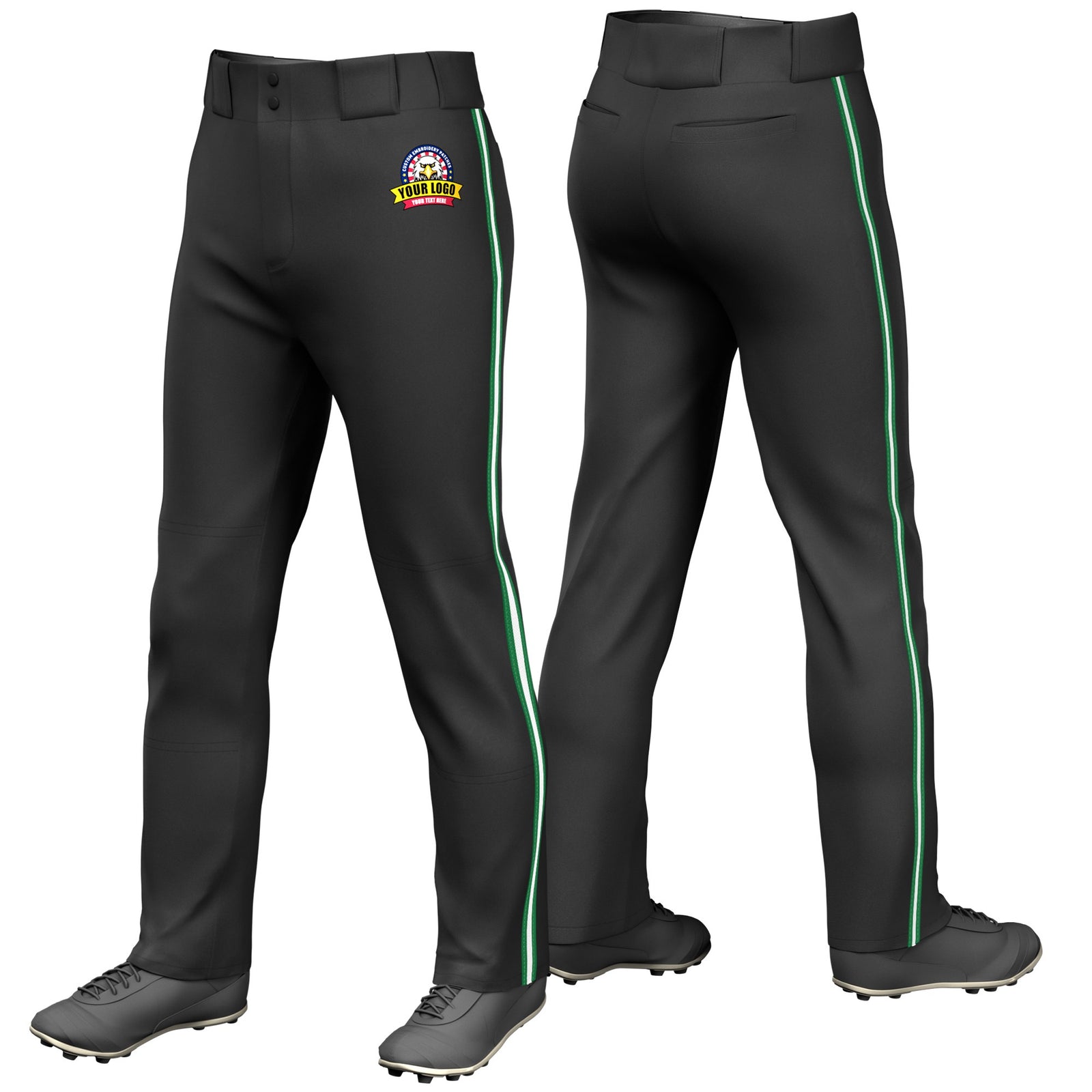 Custom Black Kelly Green-White-Kelly Green Classic Fit Stretch Practice Loose-fit Baseball Pants