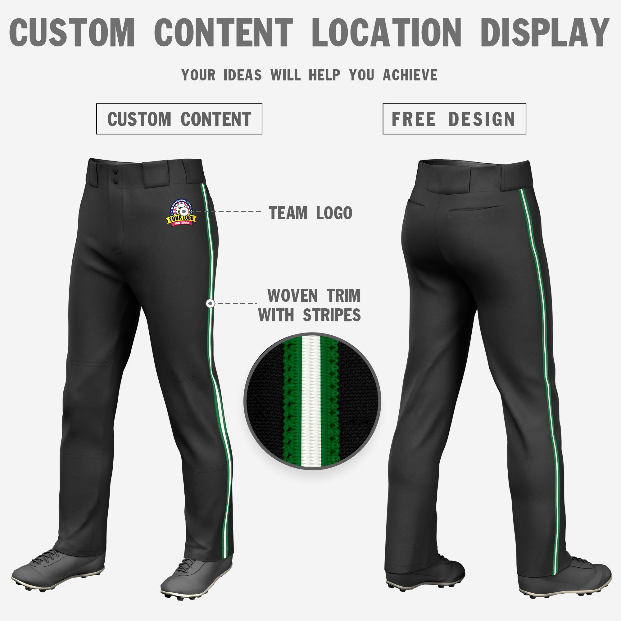 Custom Black Kelly Green-White-Kelly Green Classic Fit Stretch Practice Loose-fit Baseball Pants