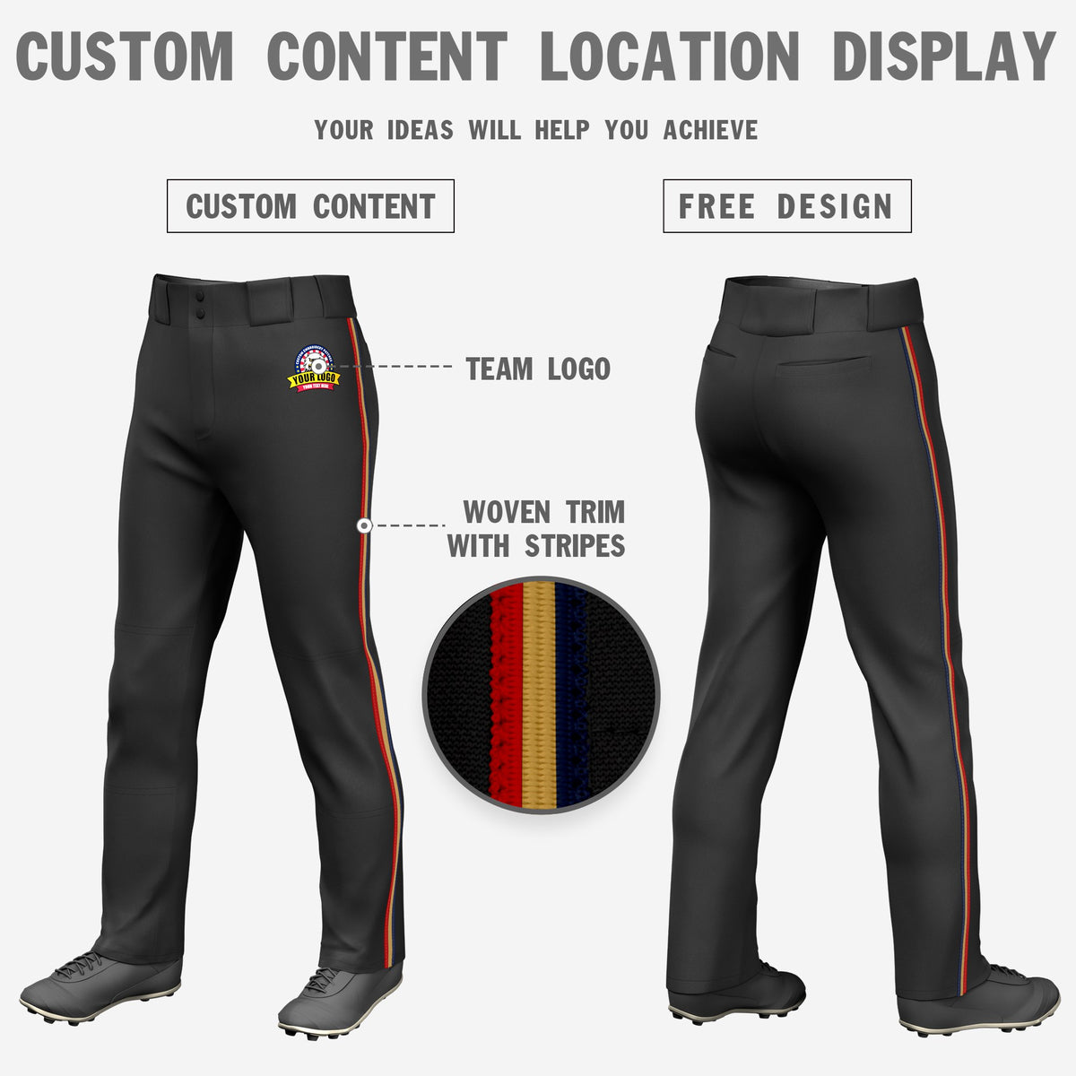 Custom Black Navy-Old Gold-Red Classic Fit Stretch Practice Loose-fit Baseball Pants