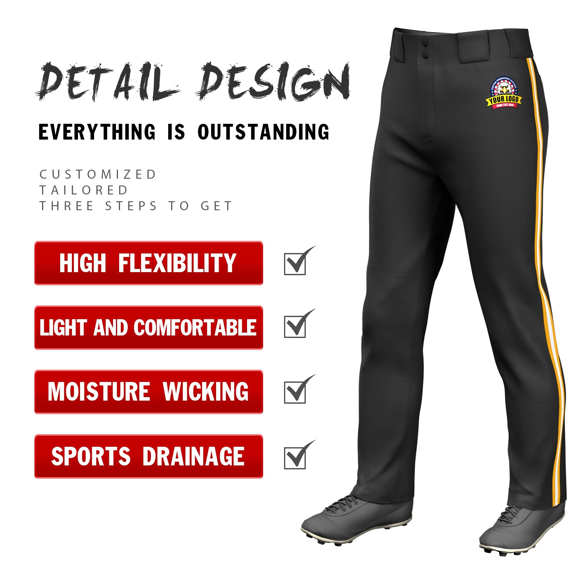 Custom Black Yellow-White-Yellow Classic Fit Stretch Practice Loose-fit Baseball Pants