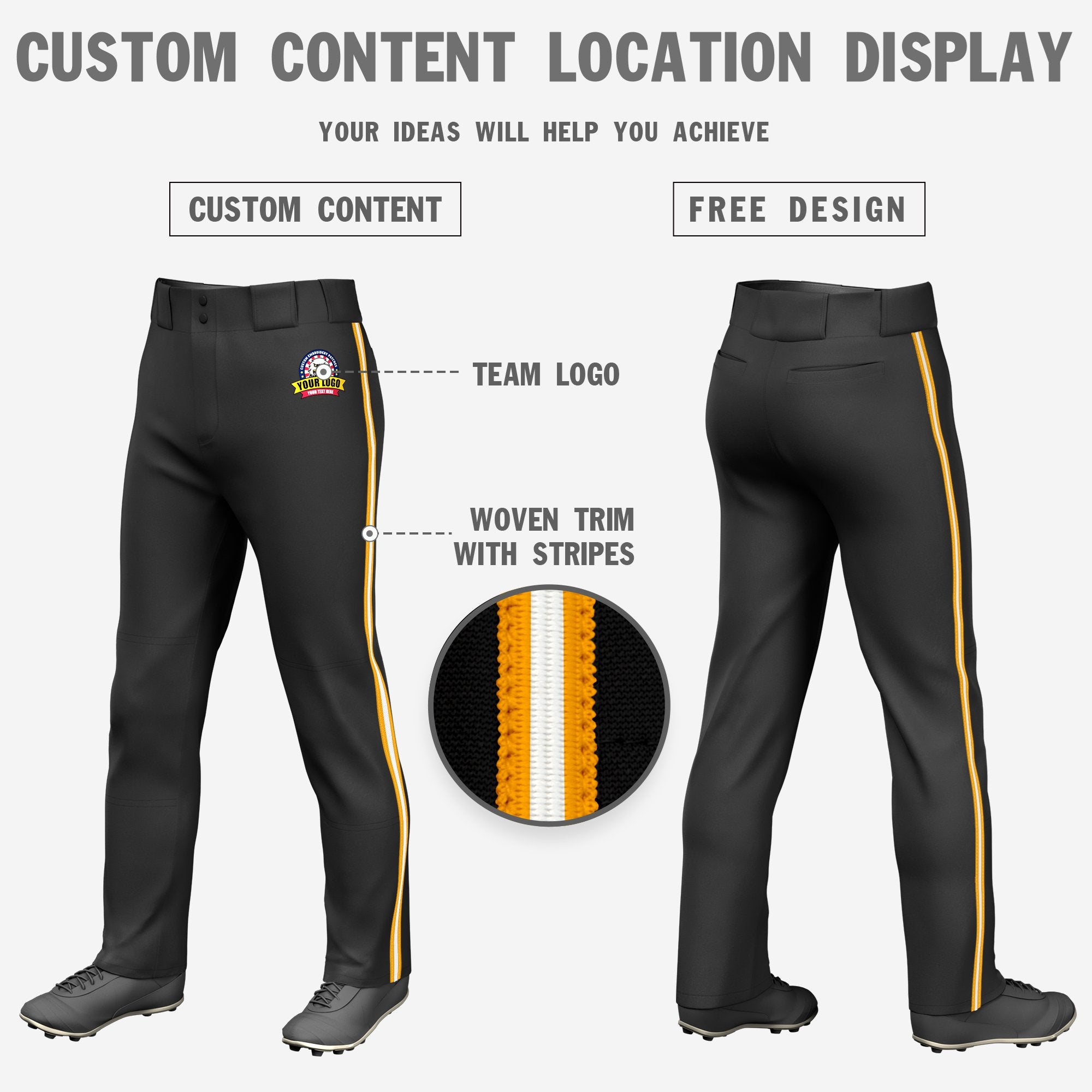 Custom Black Yellow-White-Yellow Classic Fit Stretch Practice Loose-fit Baseball Pants