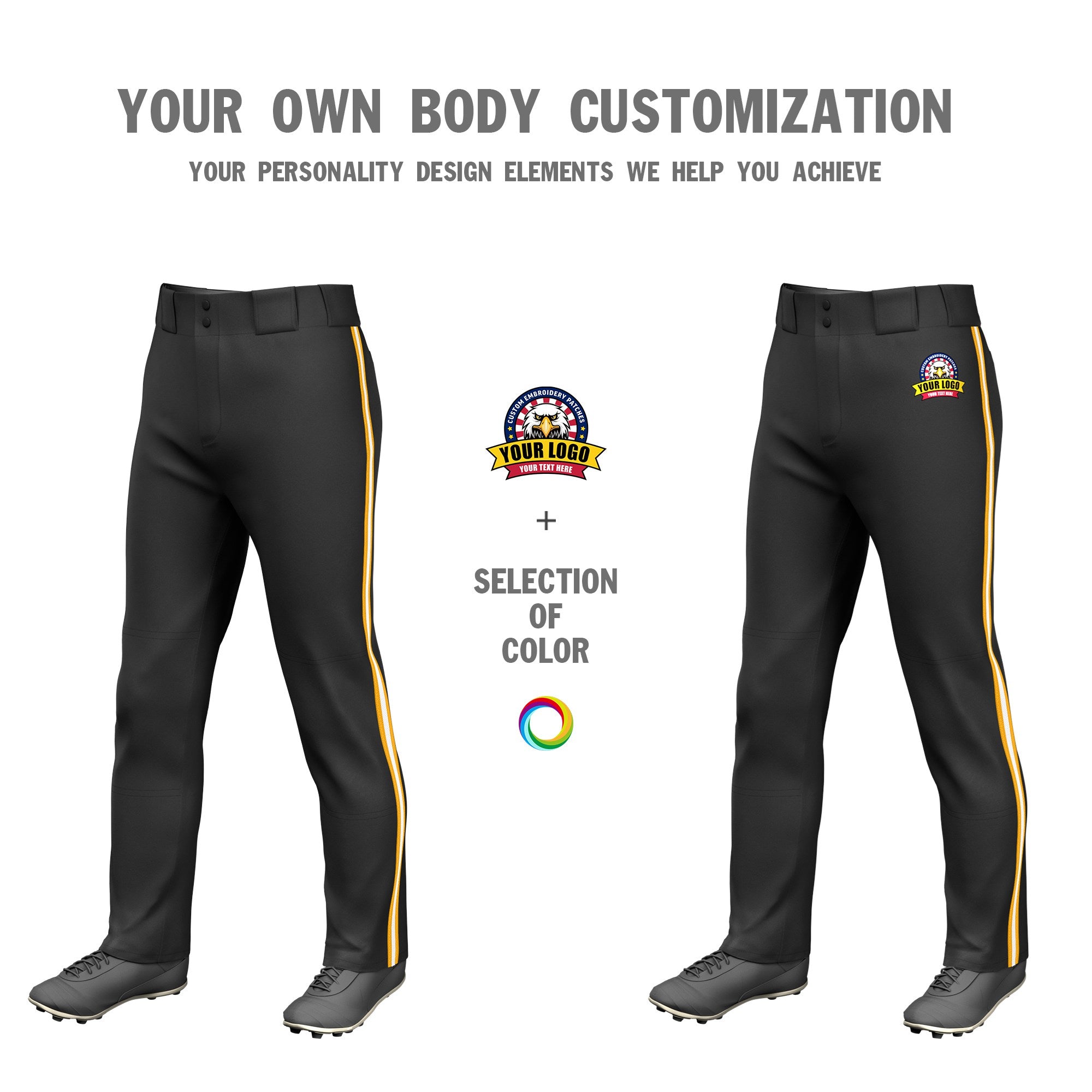 Custom Black Yellow-White-Yellow Classic Fit Stretch Practice Loose-fit Baseball Pants