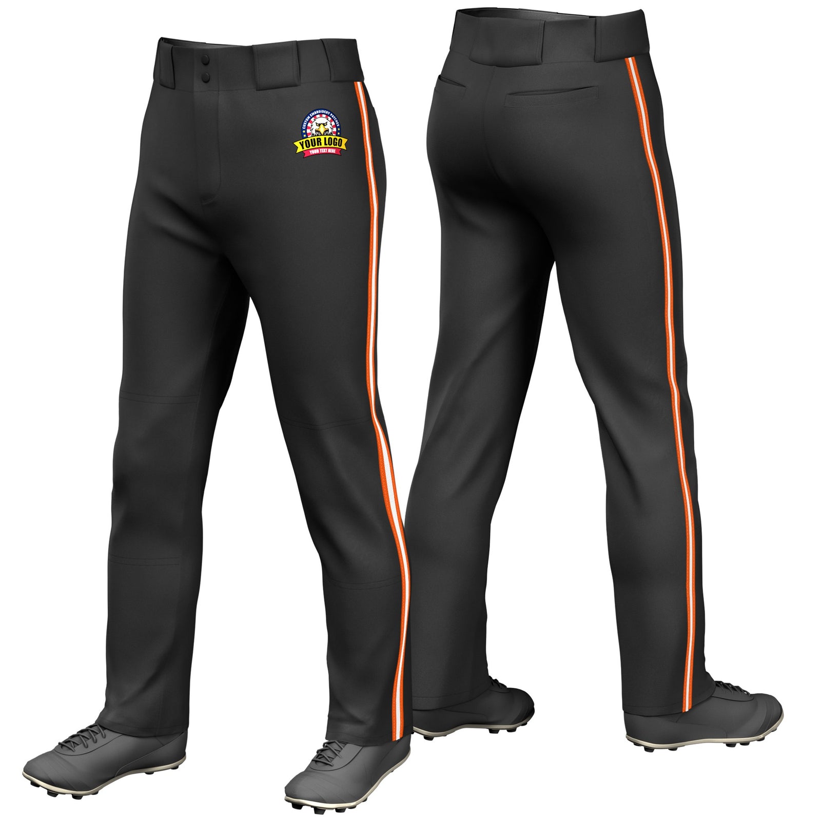 Custom Black Orange-White-Orange Classic Fit Stretch Practice Loose-fit Baseball Pants