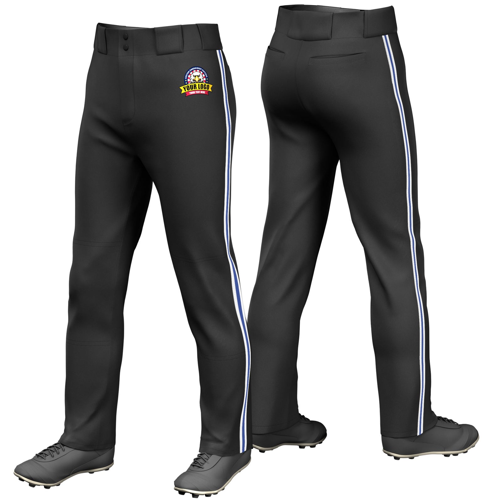 Custom Black White-Royal Blue-White Classic Fit Stretch Practice Loose-fit Baseball Pants