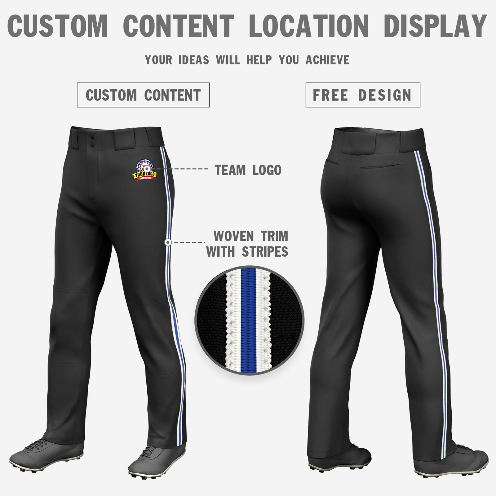 Custom Black White-Royal Blue-White Classic Fit Stretch Practice Loose-fit Baseball Pants