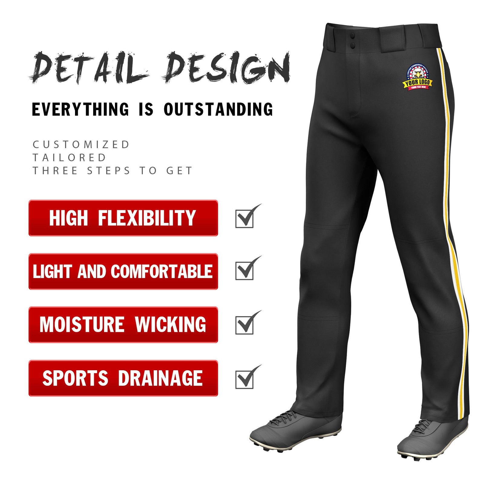 Custom Black White-Gold01-White Classic Fit Stretch Practice Loose-fit Baseball Pants