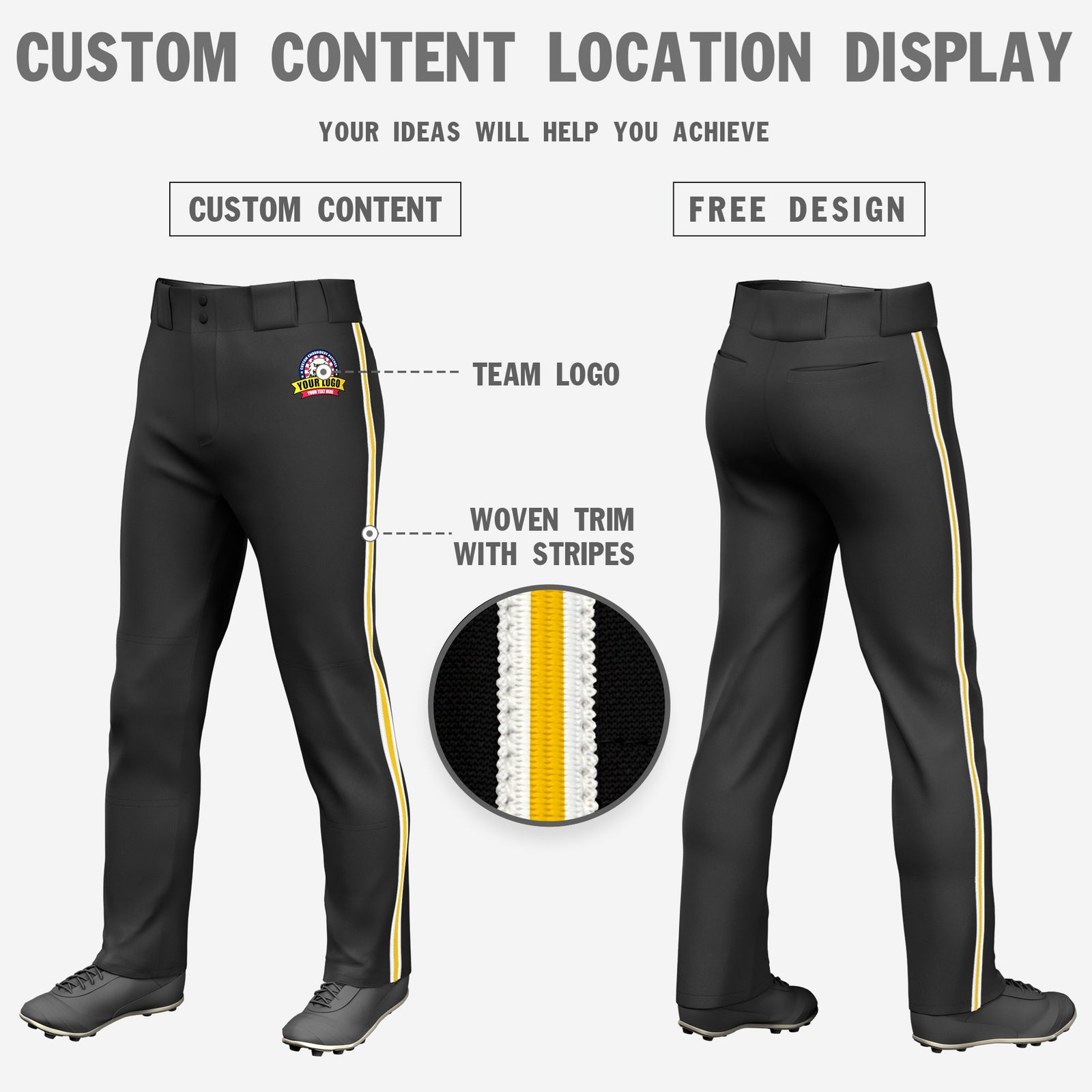 Custom Black White-Gold01-White Classic Fit Stretch Practice Loose-fit Baseball Pants