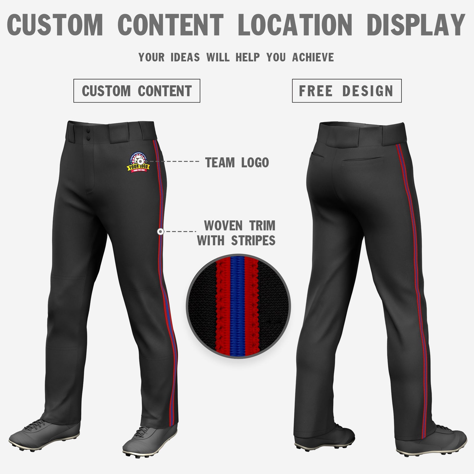 Custom Black Red-Royal Blue-Red Classic Fit Stretch Practice Loose-fit Baseball Pants