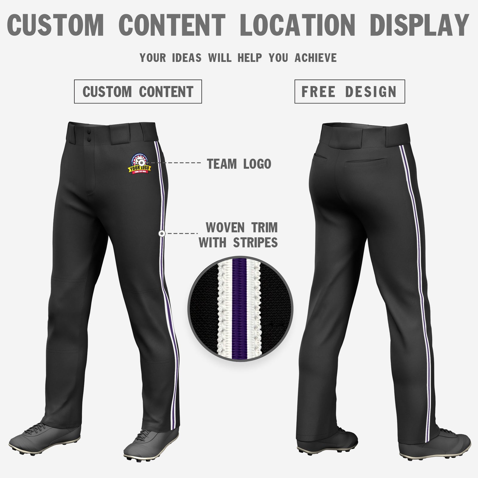 Custom Black White-Purple-White Classic Fit Stretch Practice Loose-fit Baseball Pants