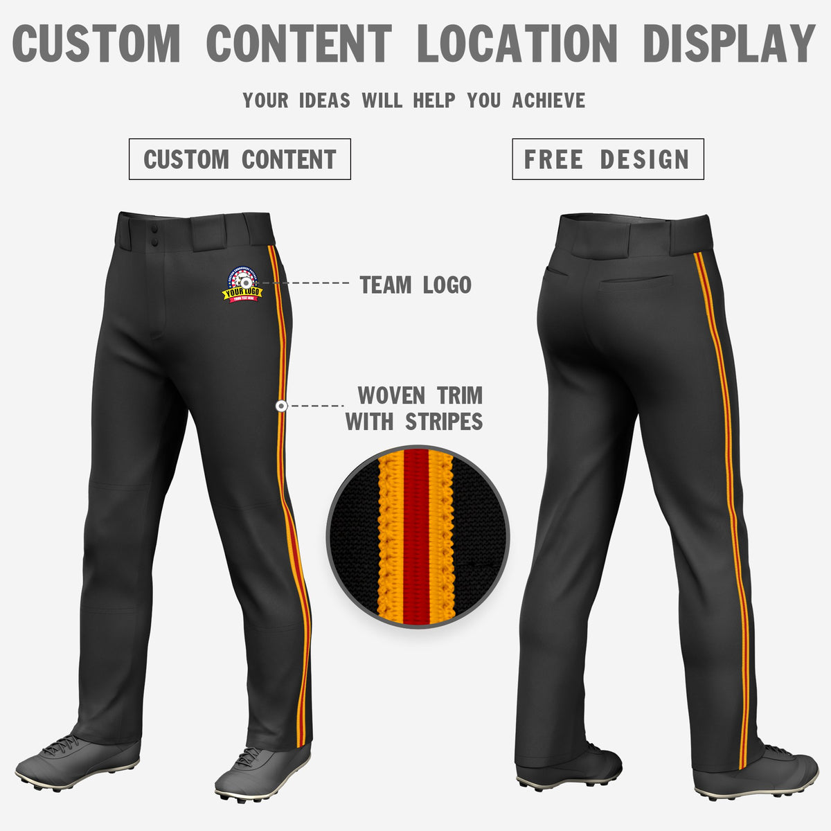 Custom Black Yellow-Red-Yellow Classic Fit Stretch Practice Loose-fit Baseball Pants
