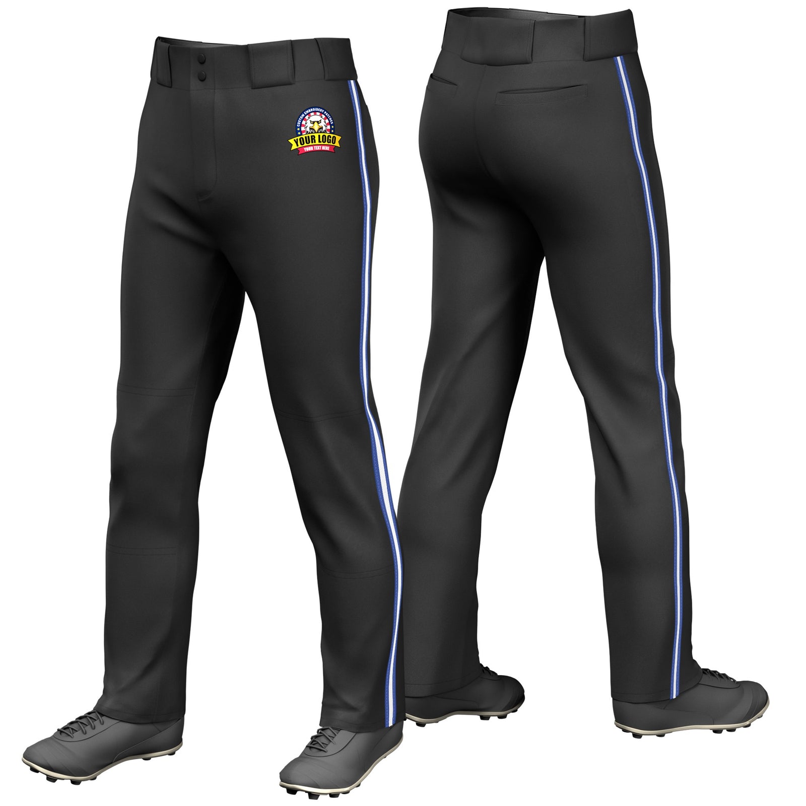 Custom Black Royal Blue-White-Royal Blue Classic Fit Stretch Practice Loose-fit Baseball Pants