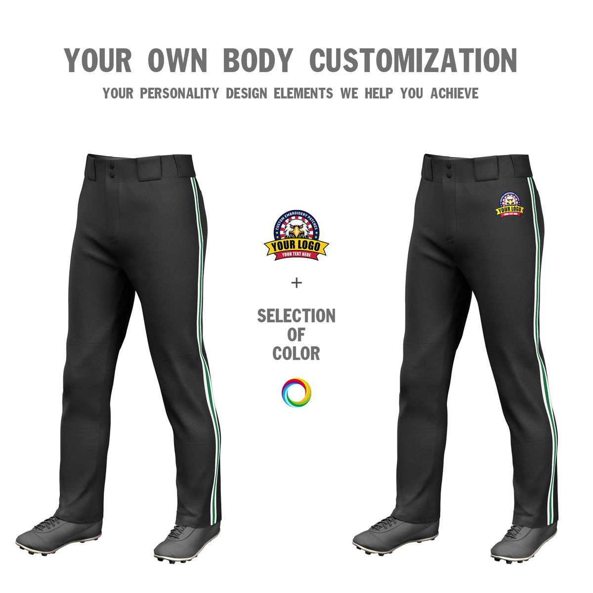 Custom Black White-Kelly Green-White Classic Fit Stretch Practice Loose-fit Baseball Pants