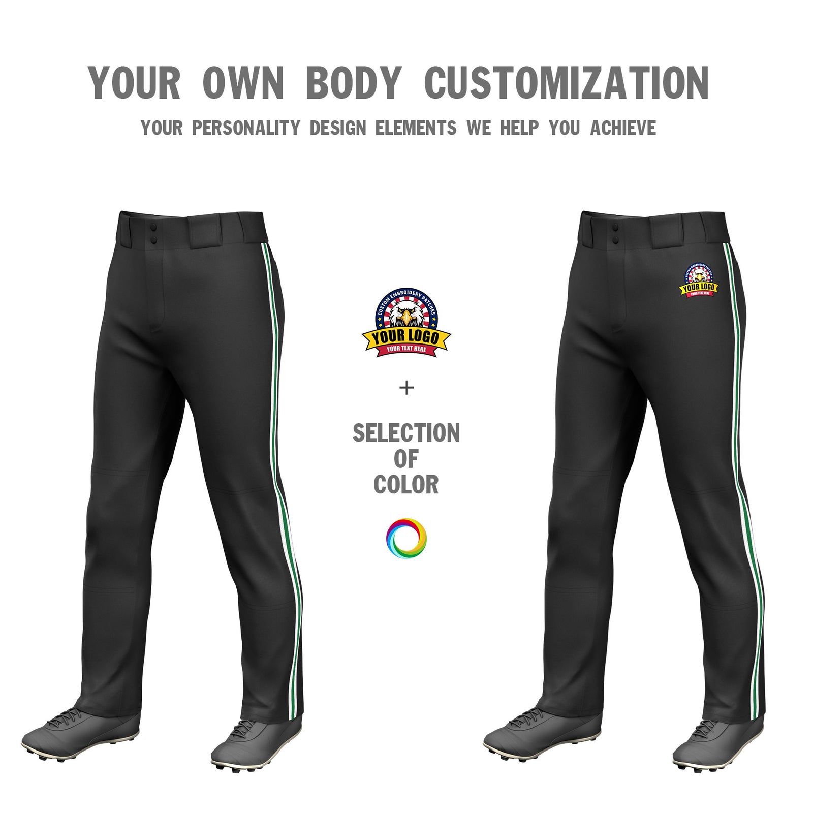 Custom Black White-Kelly Green-White Classic Fit Stretch Practice Loose-fit Baseball Pants