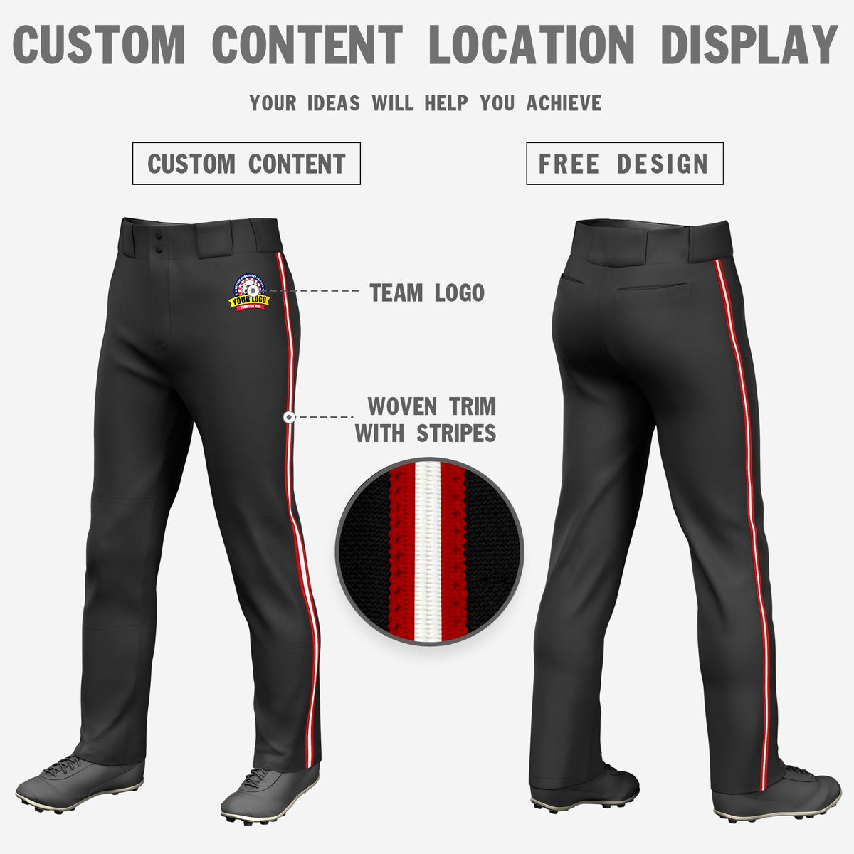Custom Black Red-White-Red Classic Fit Stretch Practice Loose-fit Baseball Pants