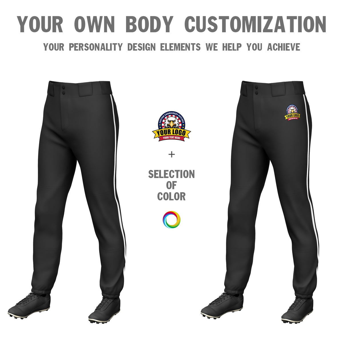 Custom Black White Classic Fit Stretch Practice Pull-up Baseball Pants
