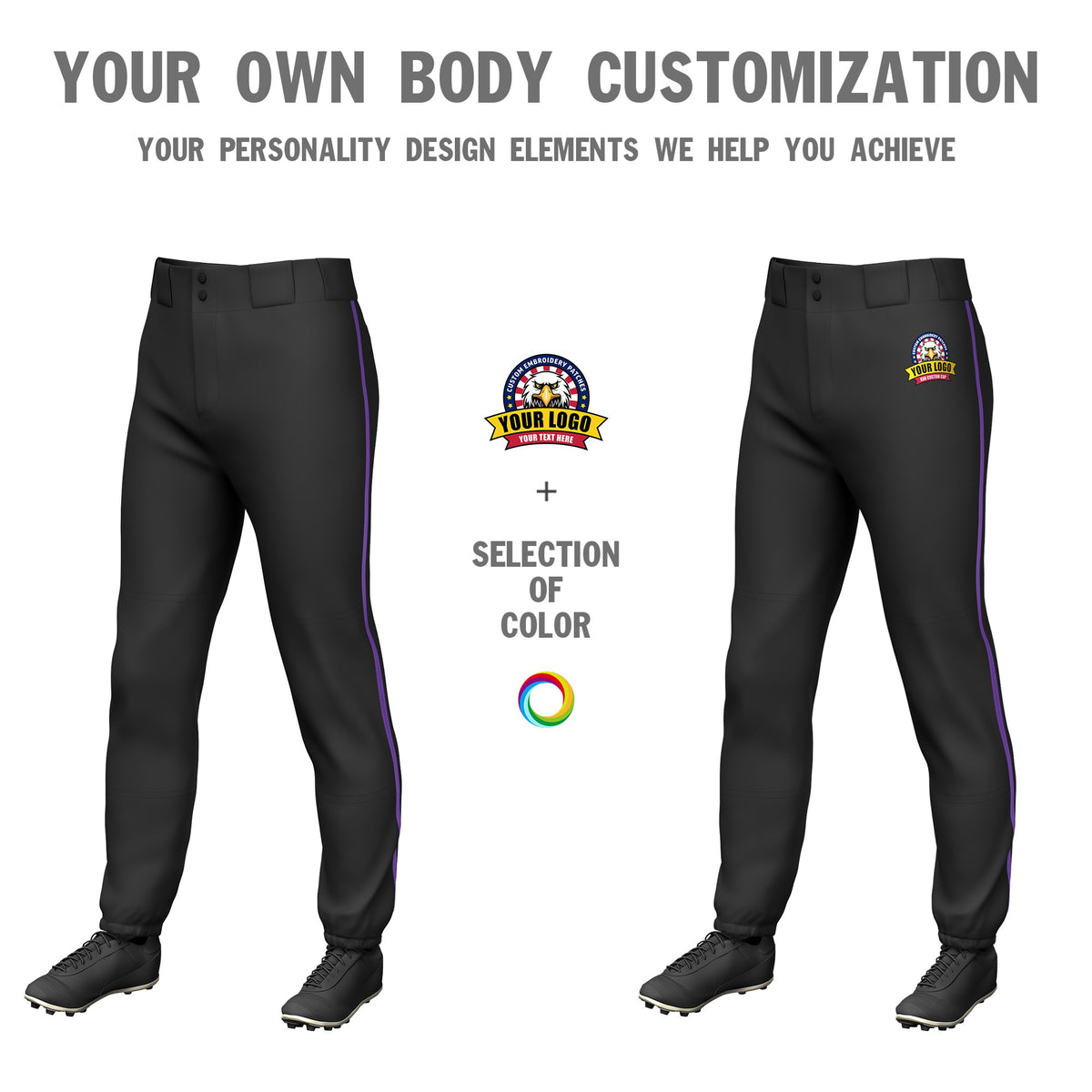 Custom Black Purple Classic Fit Stretch Practice Pull-up Baseball Pants