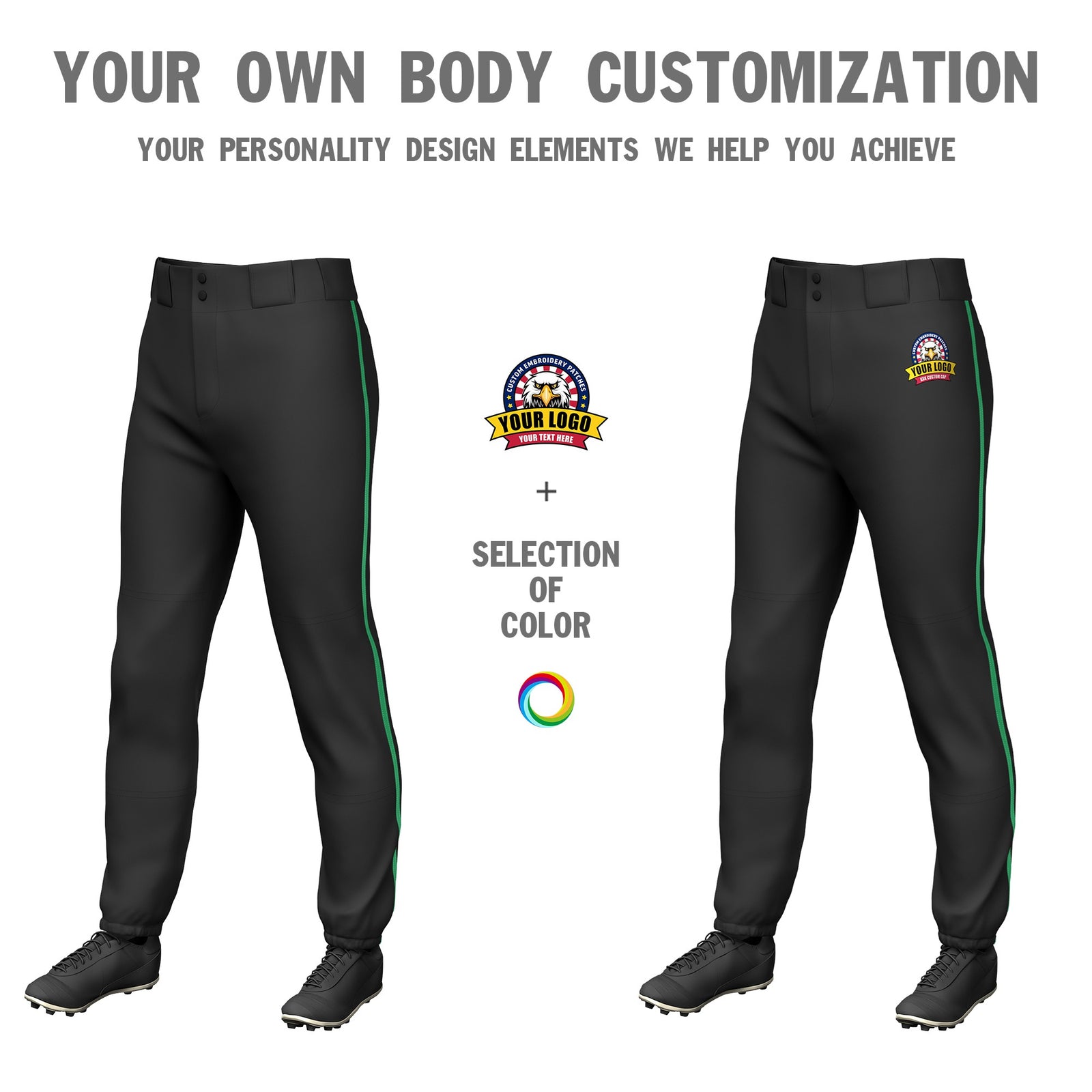 Custom Black Kelly Green Classic Fit Stretch Practice Pull-up Baseball Pants