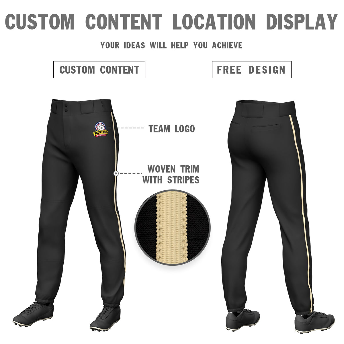 Custom Black Khaki Classic Fit Stretch Practice Pull-up Baseball Pants