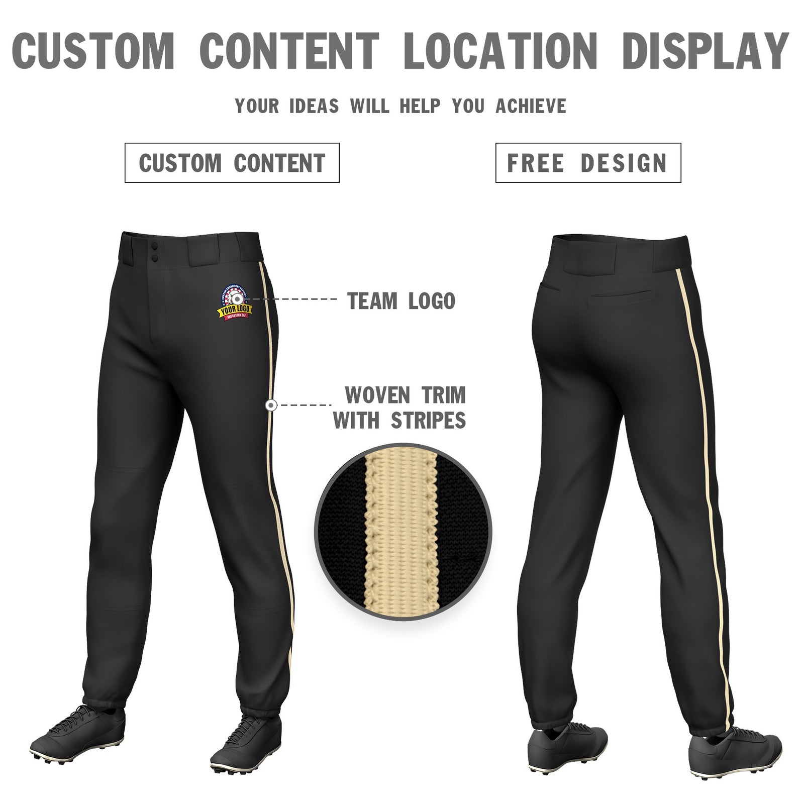 Custom Black Khaki Classic Fit Stretch Practice Pull-up Baseball Pants