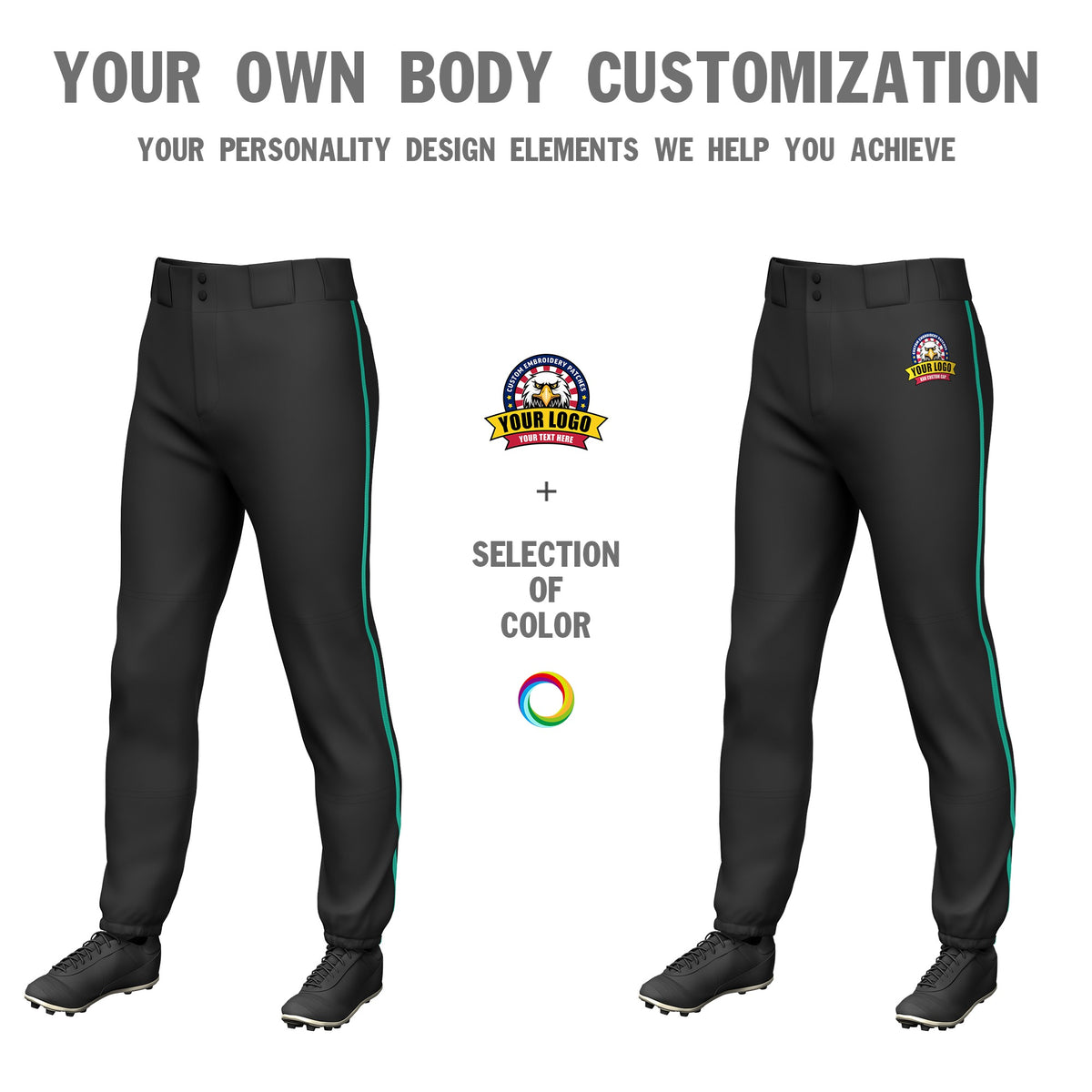 Custom Black Teal Classic Fit Stretch Practice Pull-up Baseball Pants