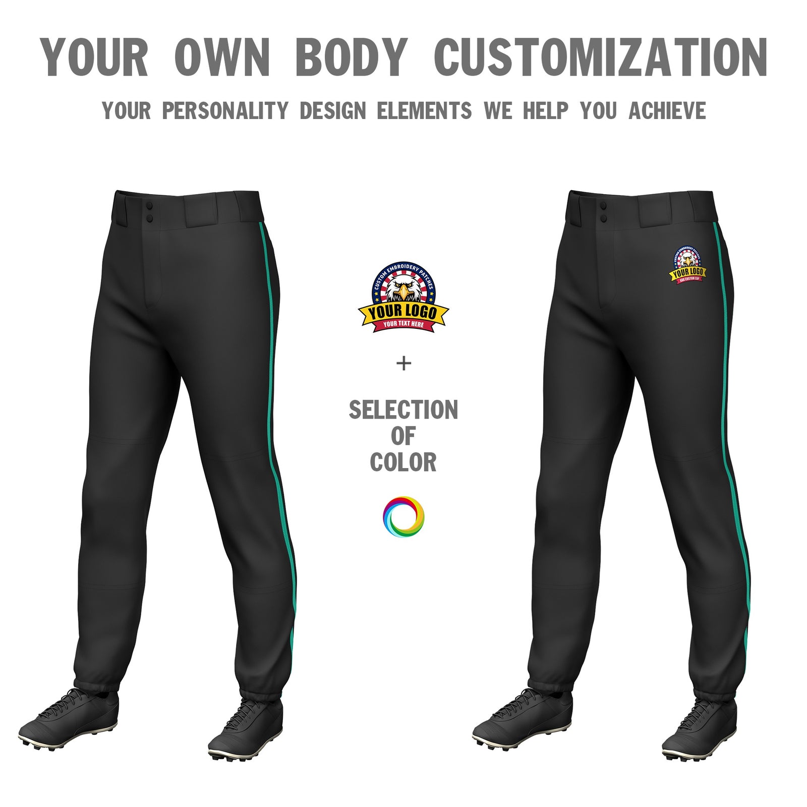 Custom Black Teal Classic Fit Stretch Practice Pull-up Baseball Pants