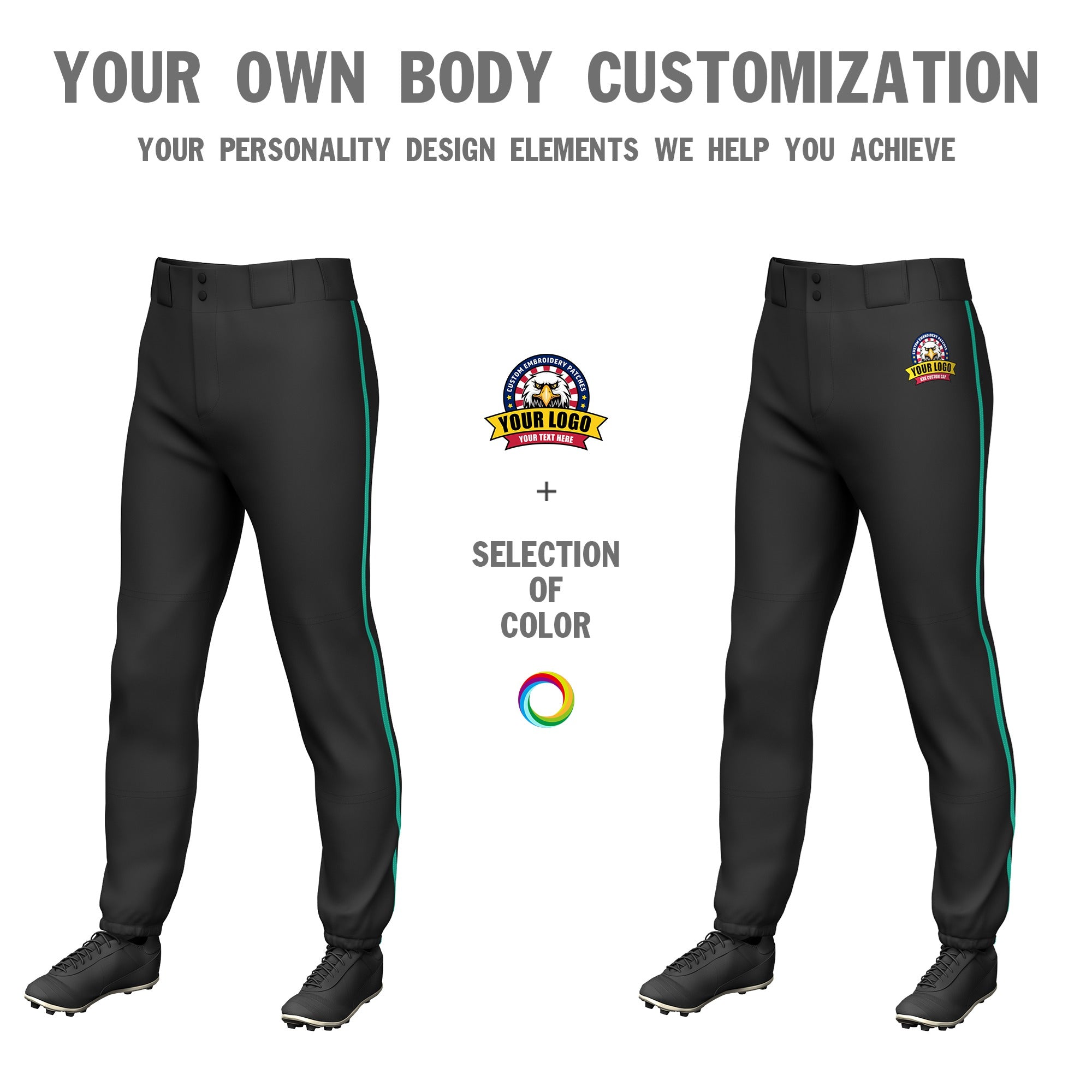 Custom Black Teal Classic Fit Stretch Practice Pull-up Baseball Pants
