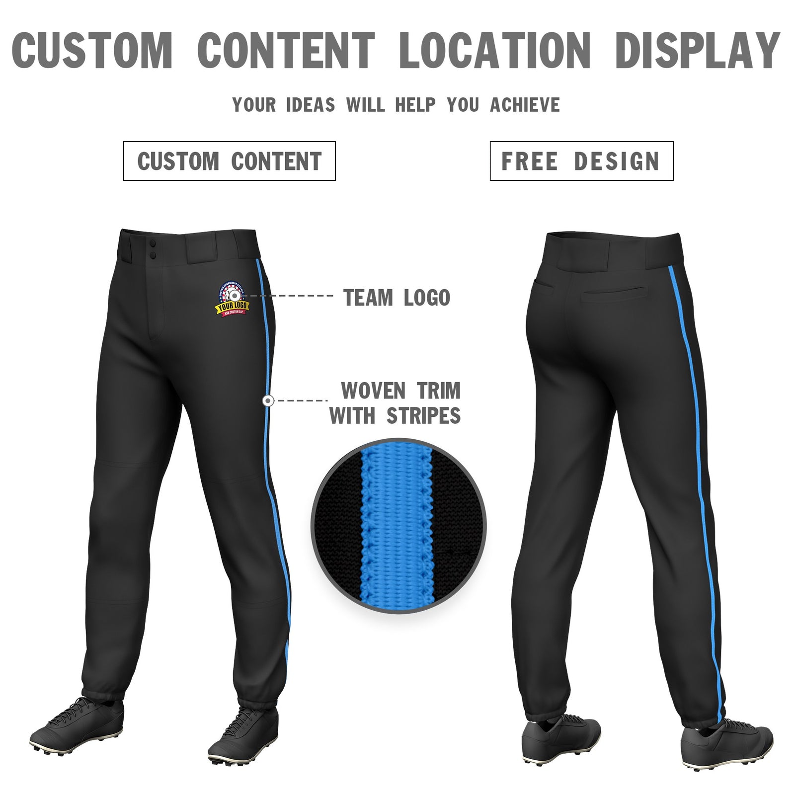 Custom Black Powder Blue Classic Fit Stretch Practice Pull-up Baseball Pants