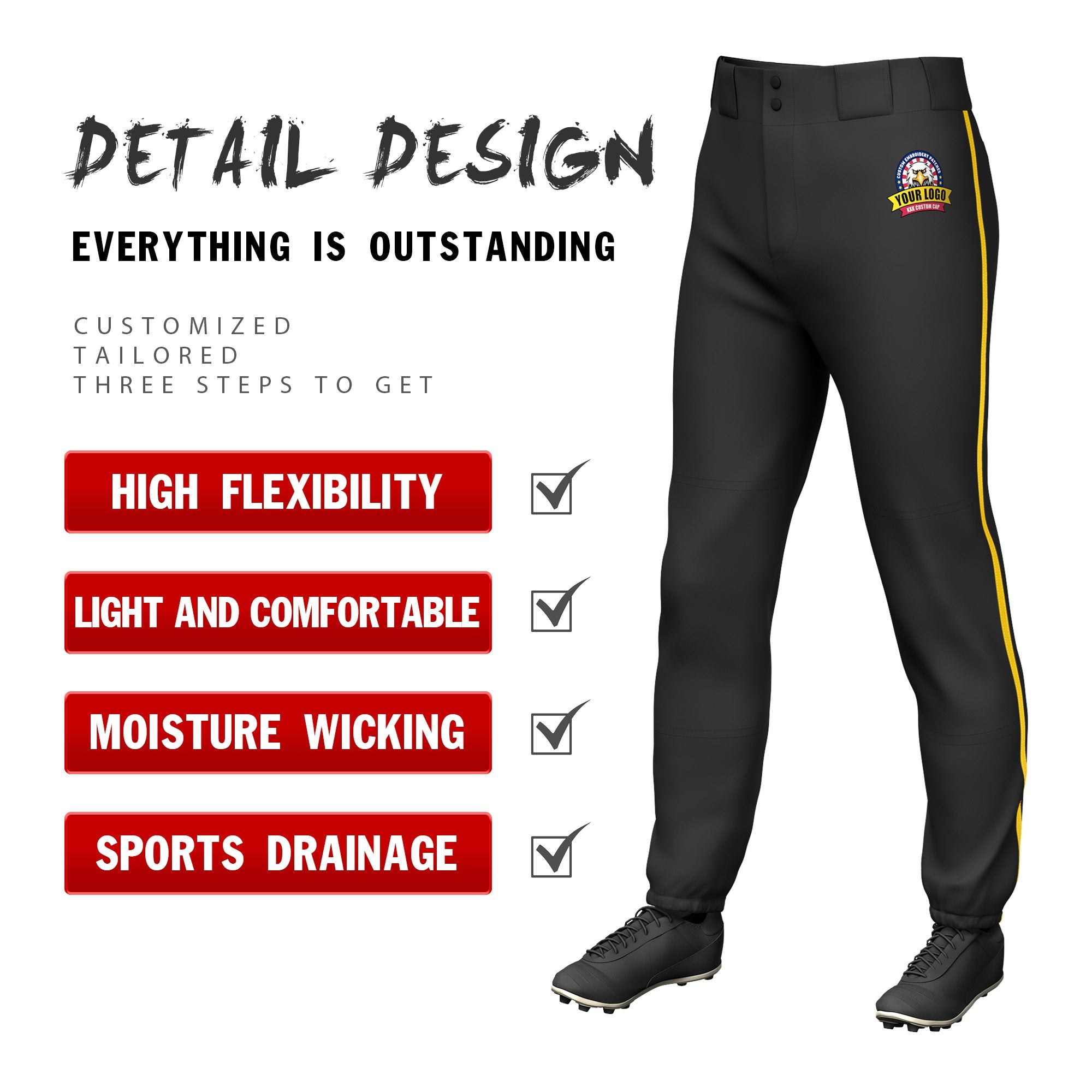 Custom Black Gold01 Classic Fit Stretch Practice Pull-up Baseball Pants