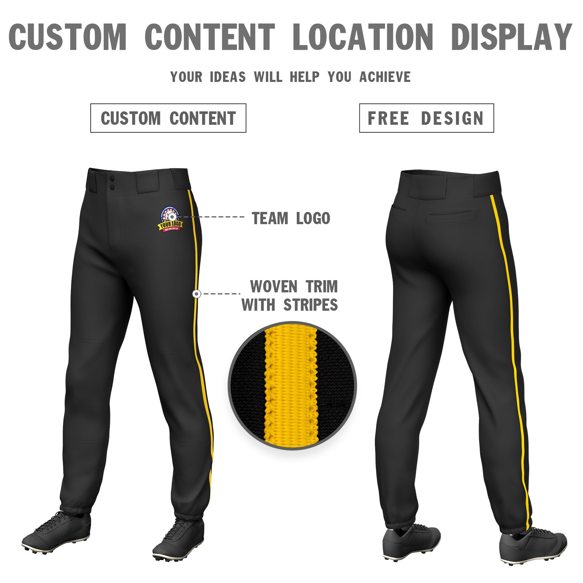 Custom Black Gold01 Classic Fit Stretch Practice Pull-up Baseball Pants