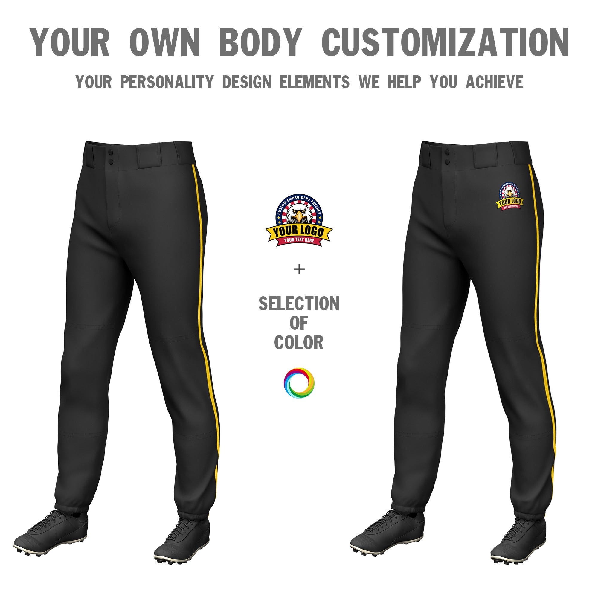 Custom Black Gold01 Classic Fit Stretch Practice Pull-up Baseball Pants