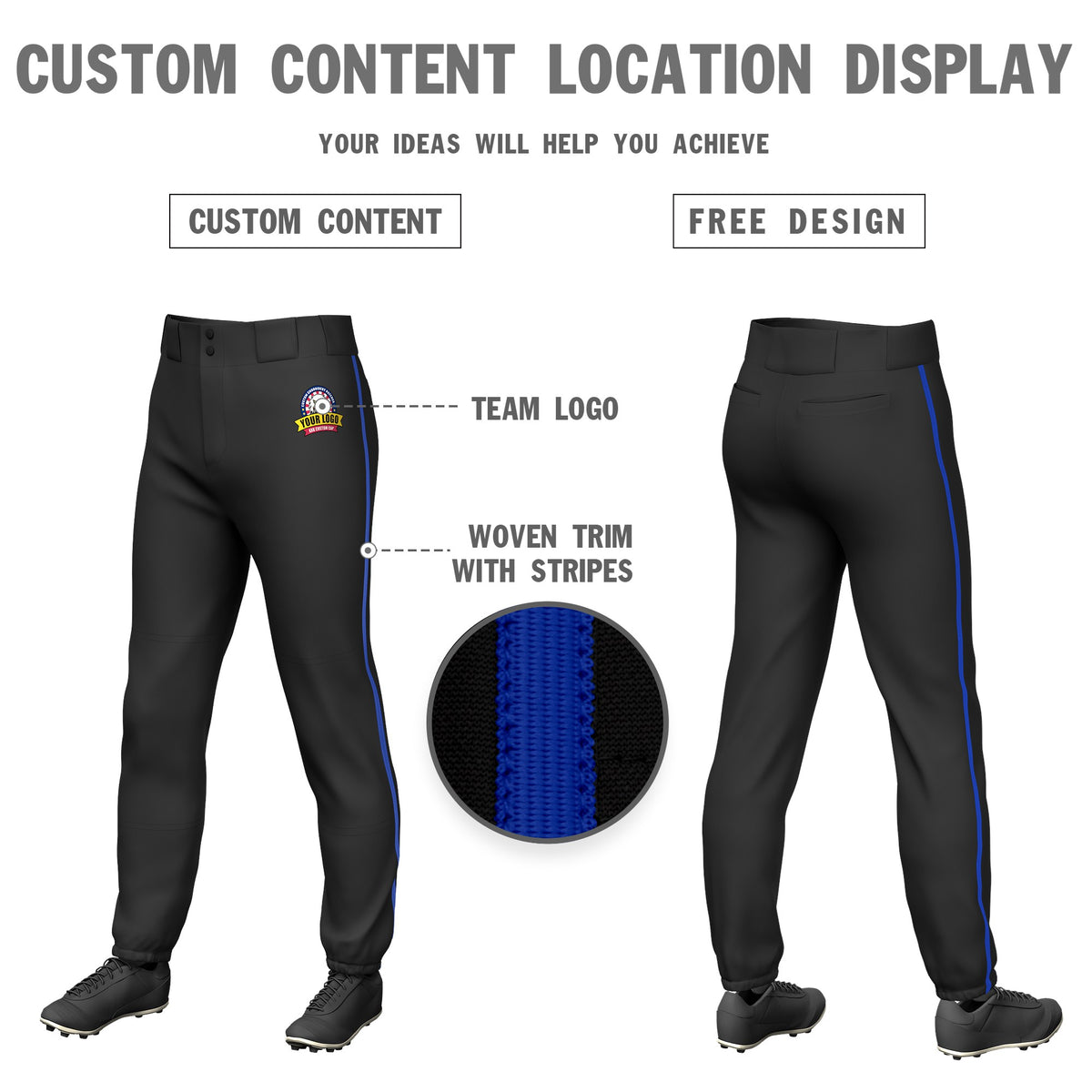 Custom Black Royal Blue Classic Fit Stretch Practice Pull-up Baseball Pants