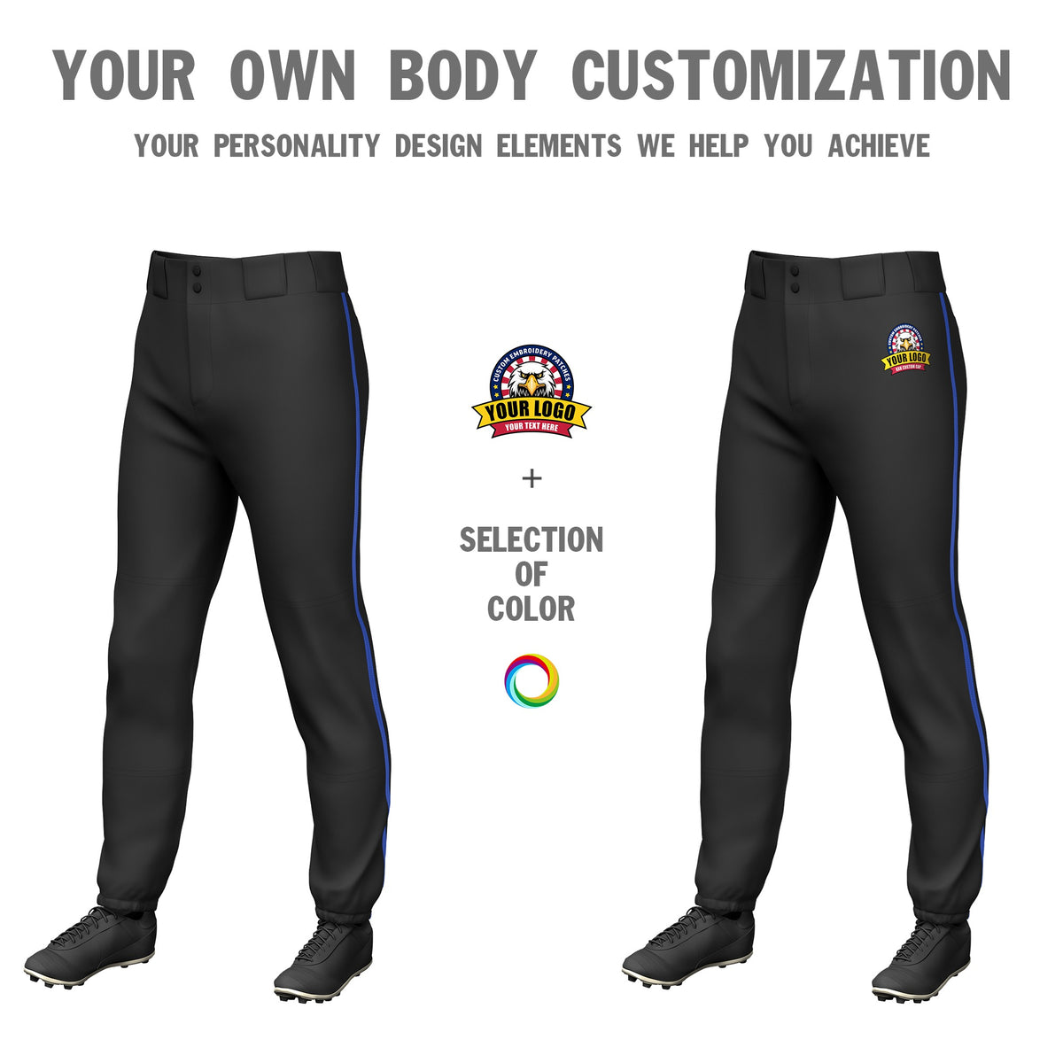 Custom Black Royal Blue Classic Fit Stretch Practice Pull-up Baseball Pants