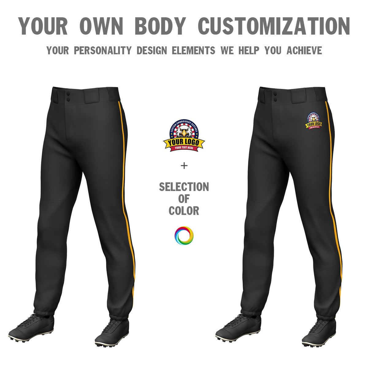 Custom Black Yellow Classic Fit Stretch Practice Pull-up Baseball Pants