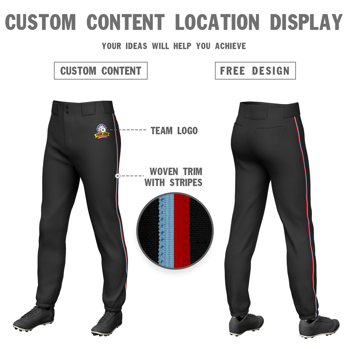 Custom Black Light Blue-Red Classic Fit Stretch Practice Pull-up Baseball Pants
