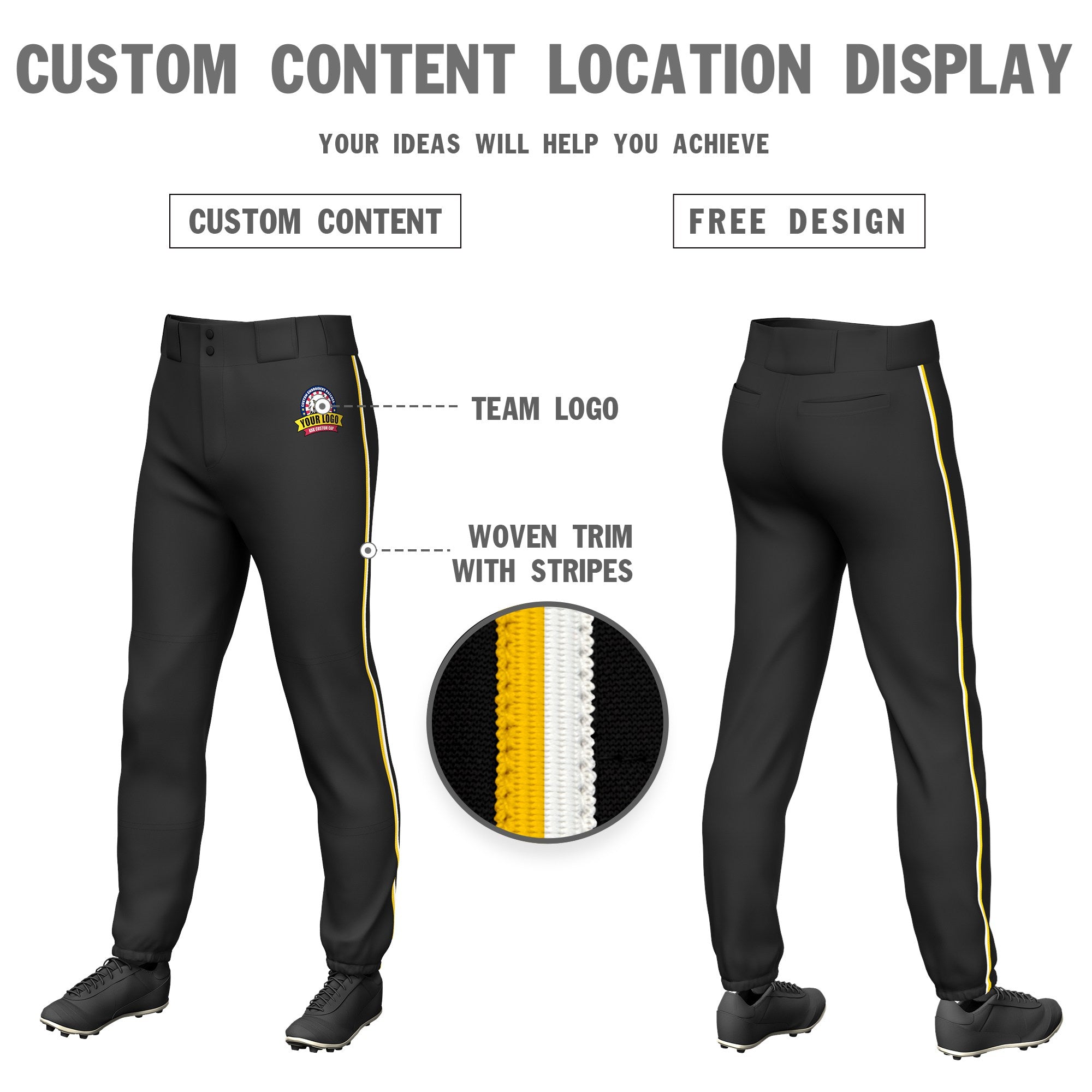 Custom Black Gold01-White Classic Fit Stretch Practice Pull-up Baseball Pants