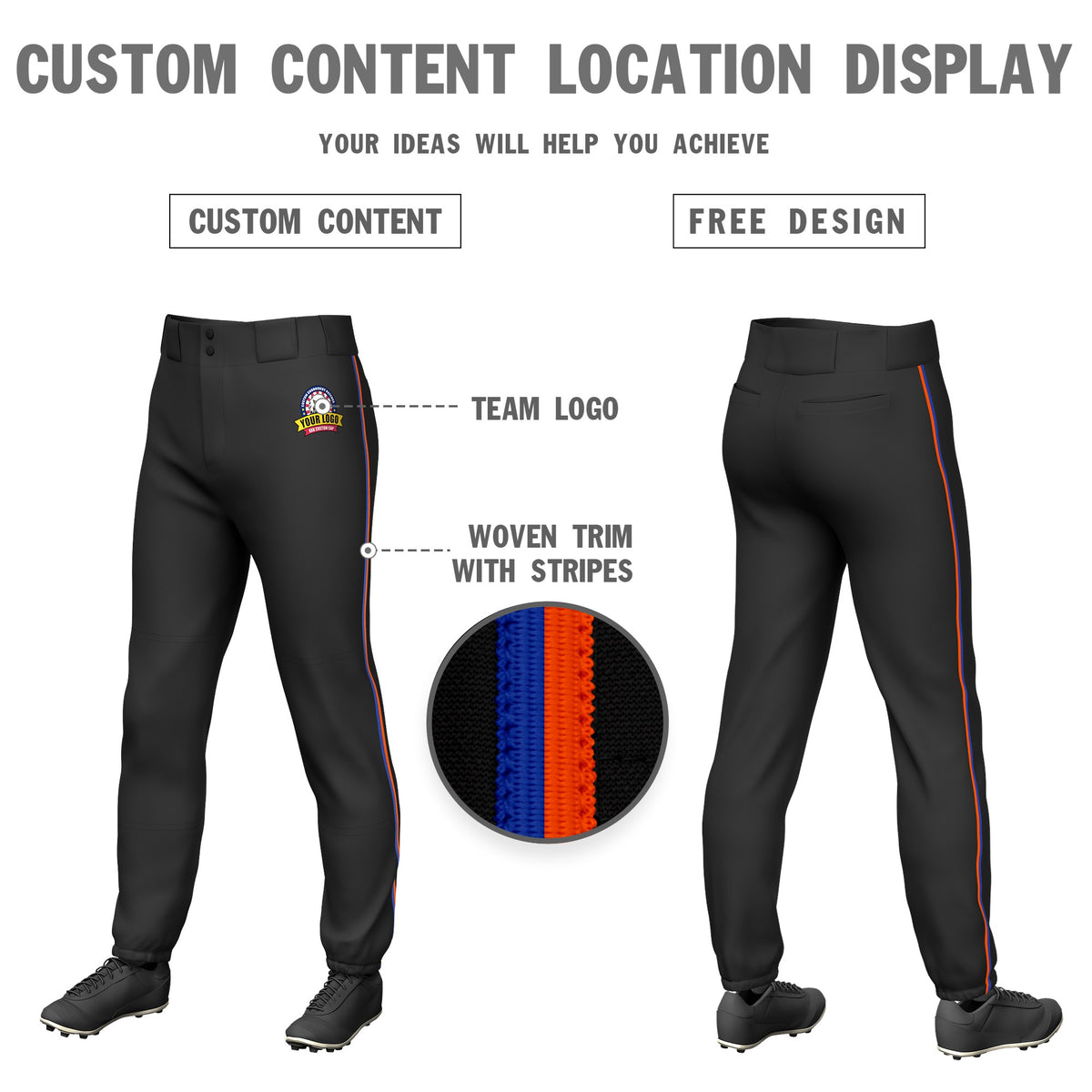 Custom Black Royal Blue-Orange Classic Fit Stretch Practice Pull-up Baseball Pants