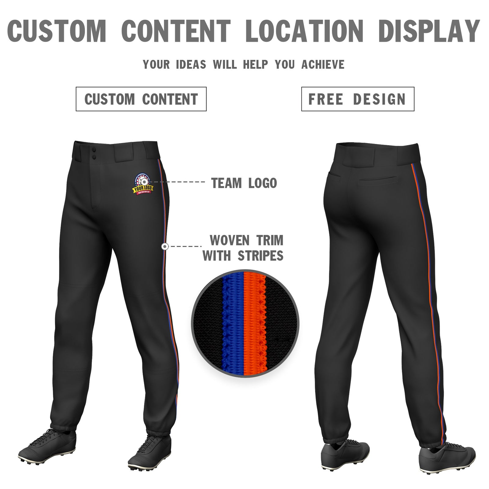 Custom Black Royal Blue-Orange Classic Fit Stretch Practice Pull-up Baseball Pants