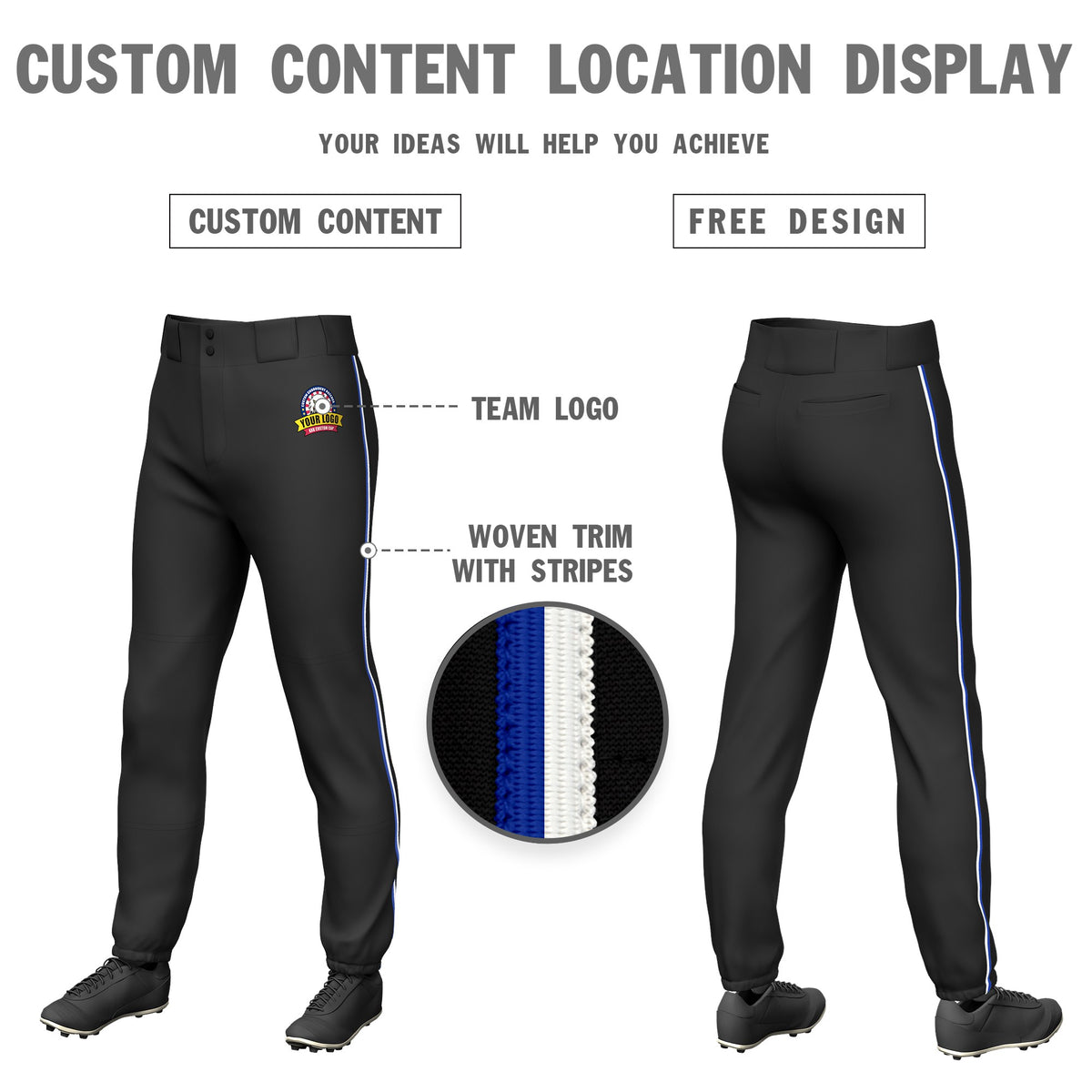 Custom Black Royal Blue-White Classic Fit Stretch Practice Pull-up Baseball Pants