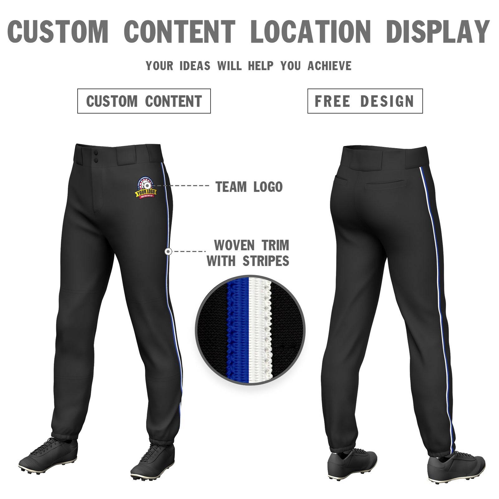 Custom Black Royal Blue-White Classic Fit Stretch Practice Pull-up Baseball Pants