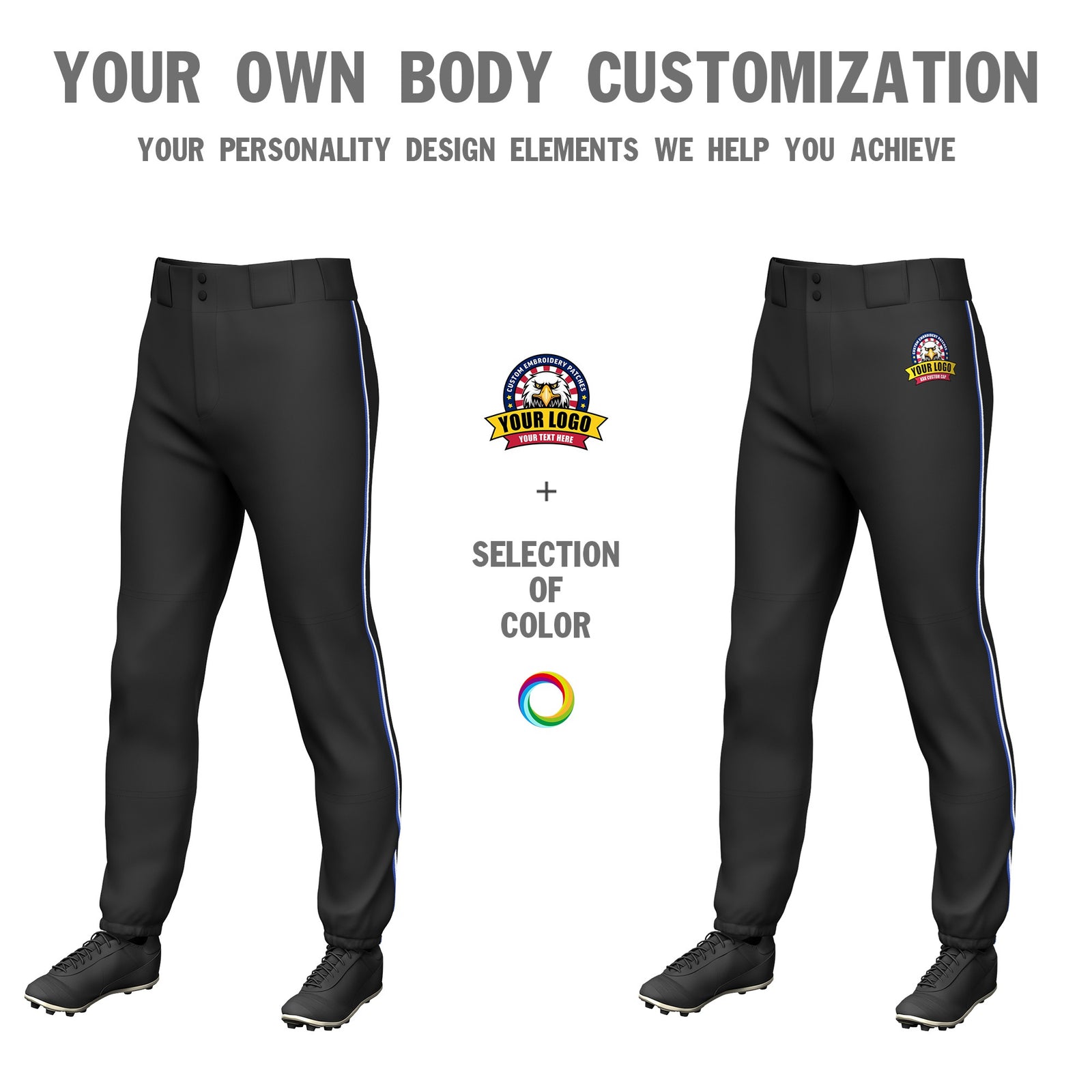Custom Black Royal Blue-White Classic Fit Stretch Practice Pull-up Baseball Pants