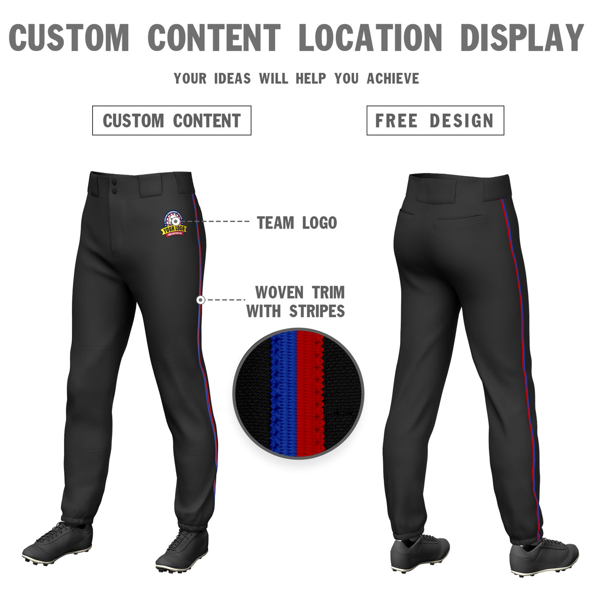 Custom Black Royal Blue-Red Classic Fit Stretch Practice Pull-up Baseball Pants