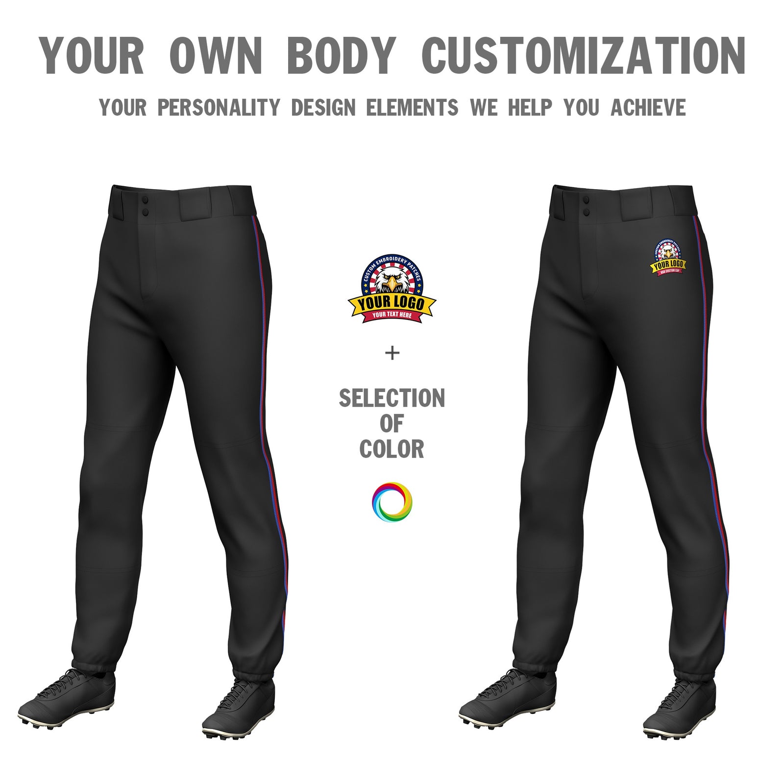 Custom Black Royal Blue-Red Classic Fit Stretch Practice Pull-up Baseball Pants