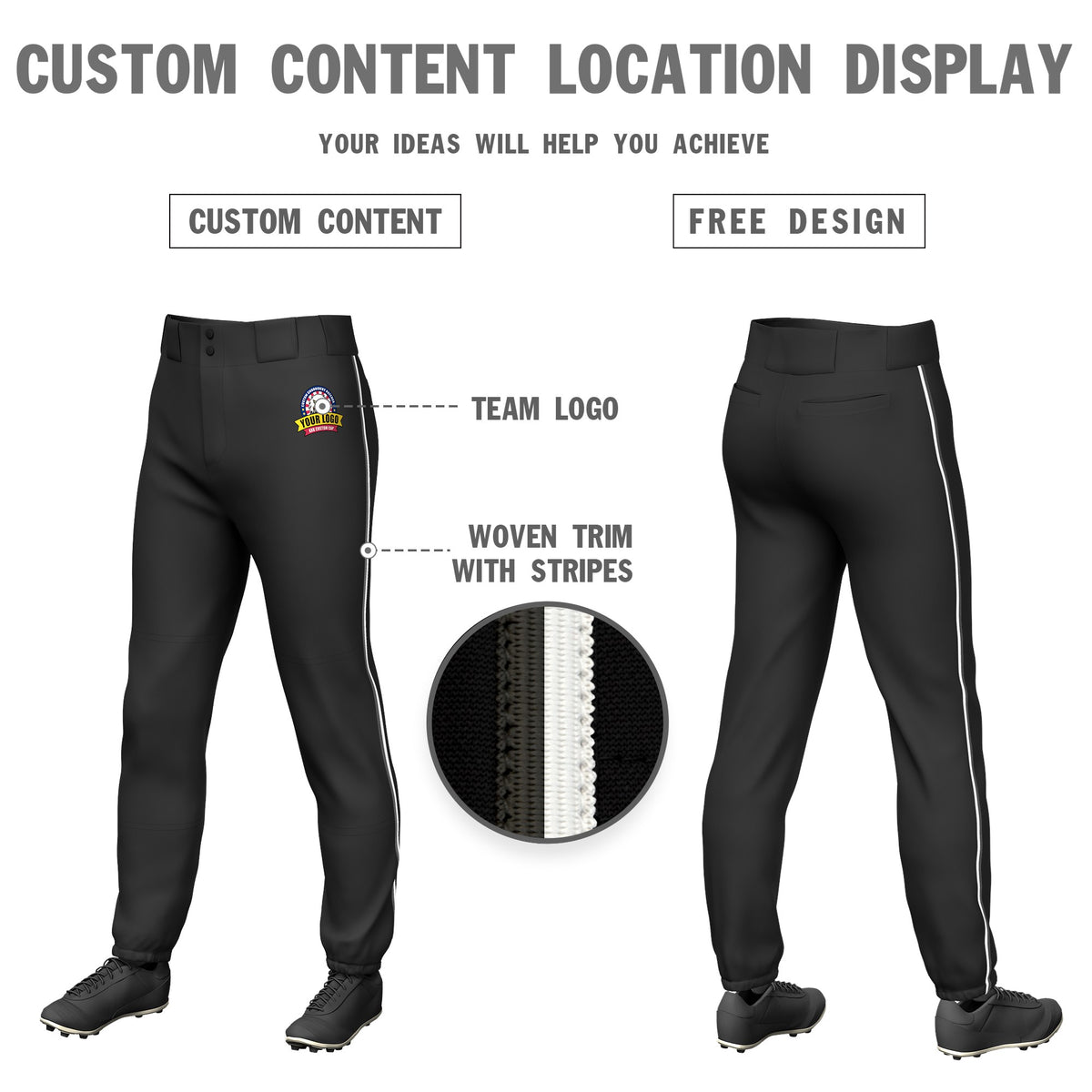 Custom Black Gray-White Classic Fit Stretch Practice Pull-up Baseball Pants