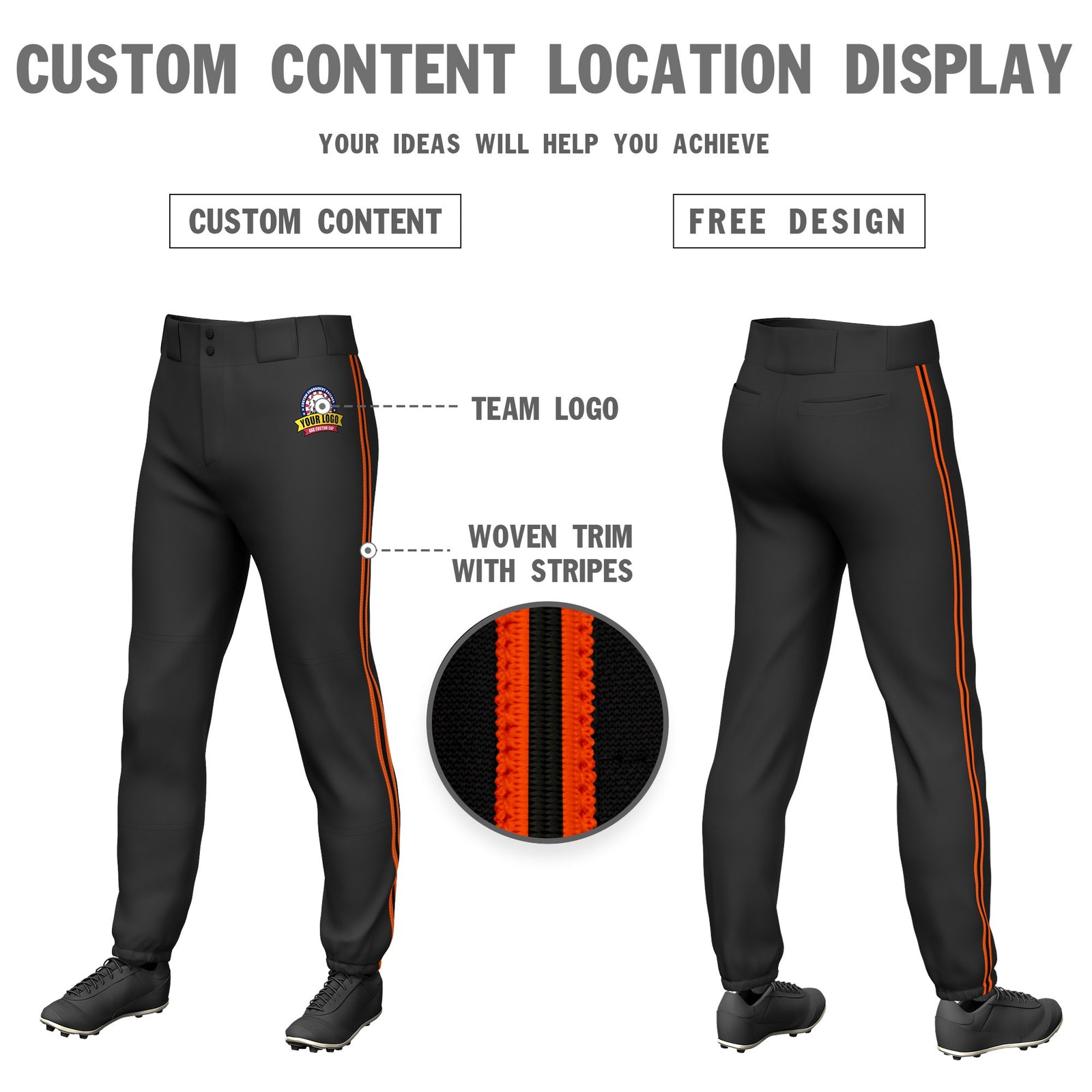 Custom Black Orange-Black-Orange Classic Fit Stretch Practice Pull-up Baseball Pants