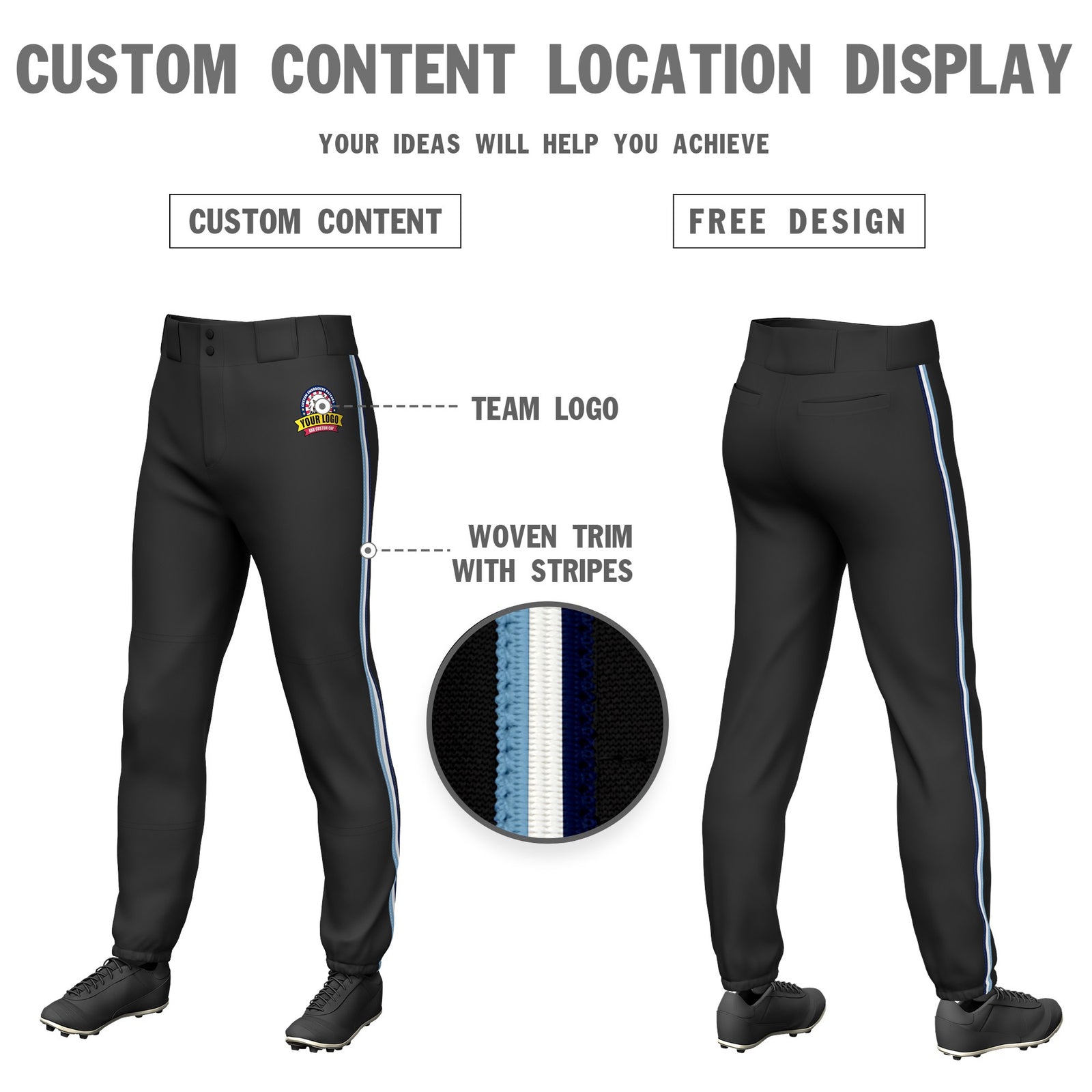 Custom Black Light Blue-White-Navy Classic Fit Stretch Practice Pull-up Baseball Pants