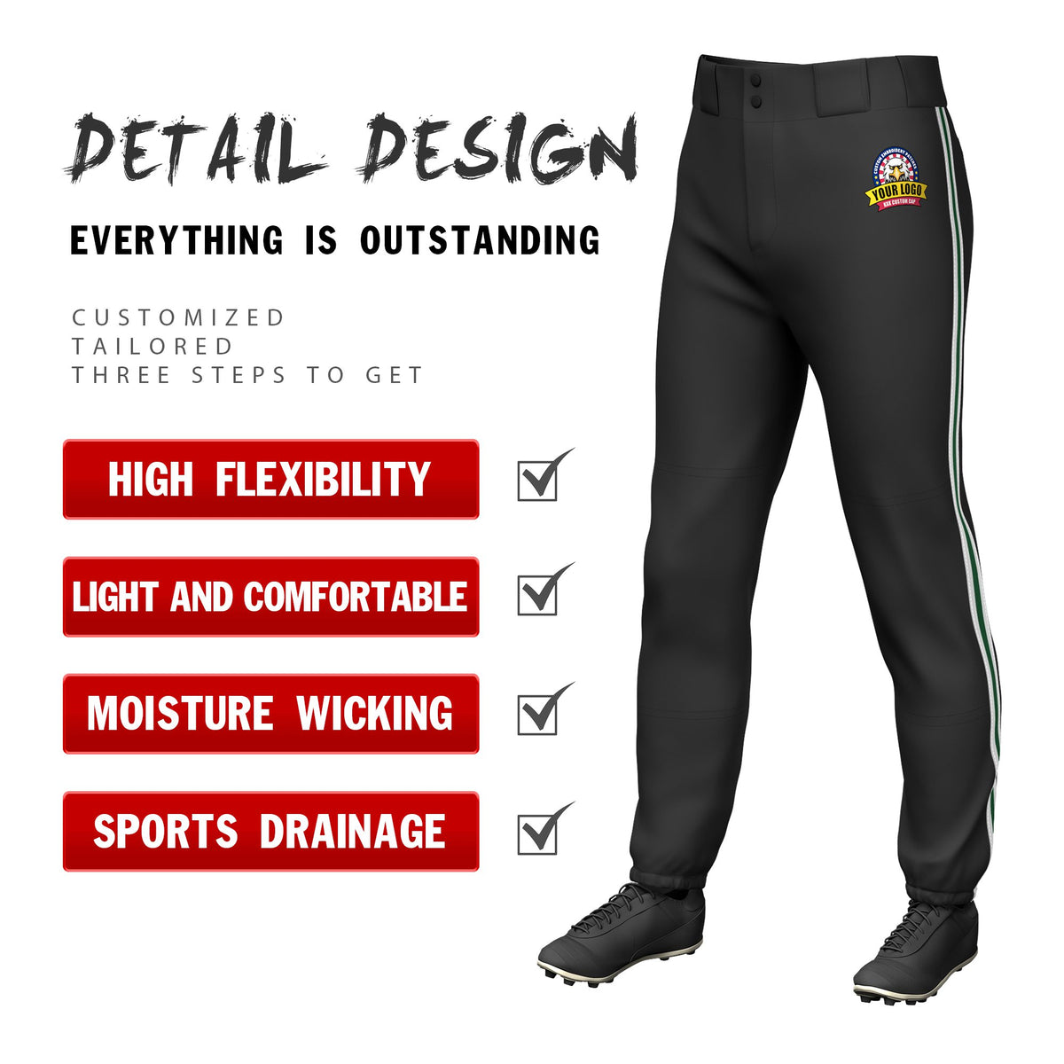 Custom Black White-Green-White Classic Fit Stretch Practice Pull-up Baseball Pants