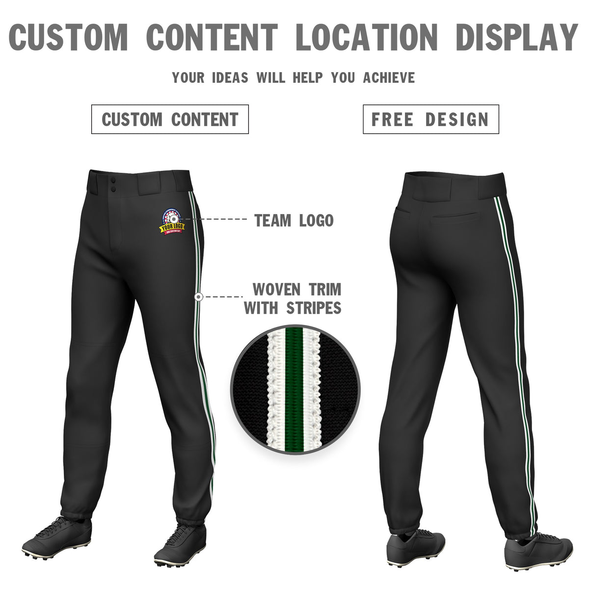 Custom Black White-Green-White Classic Fit Stretch Practice Pull-up Baseball Pants