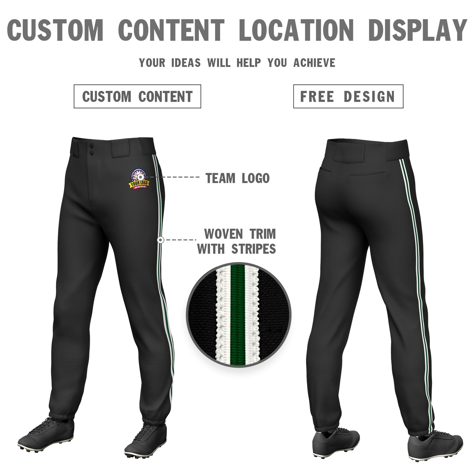 Custom Black White-Green-White Classic Fit Stretch Practice Pull-up Baseball Pants