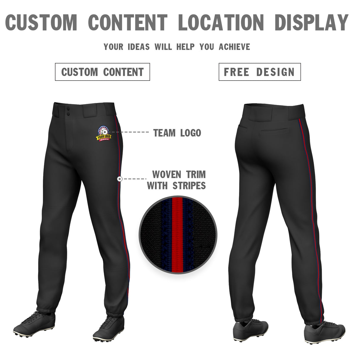 Custom Black Navy-Red-Navy Classic Fit Stretch Practice Pull-up Baseball Pants