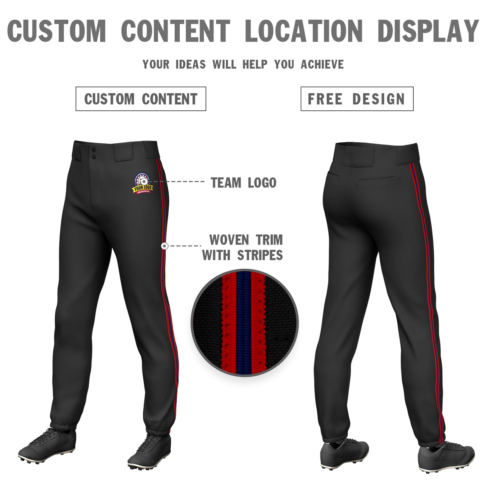 Custom Black Red-Navy-Red Classic Fit Stretch Practice Pull-up Baseball Pants